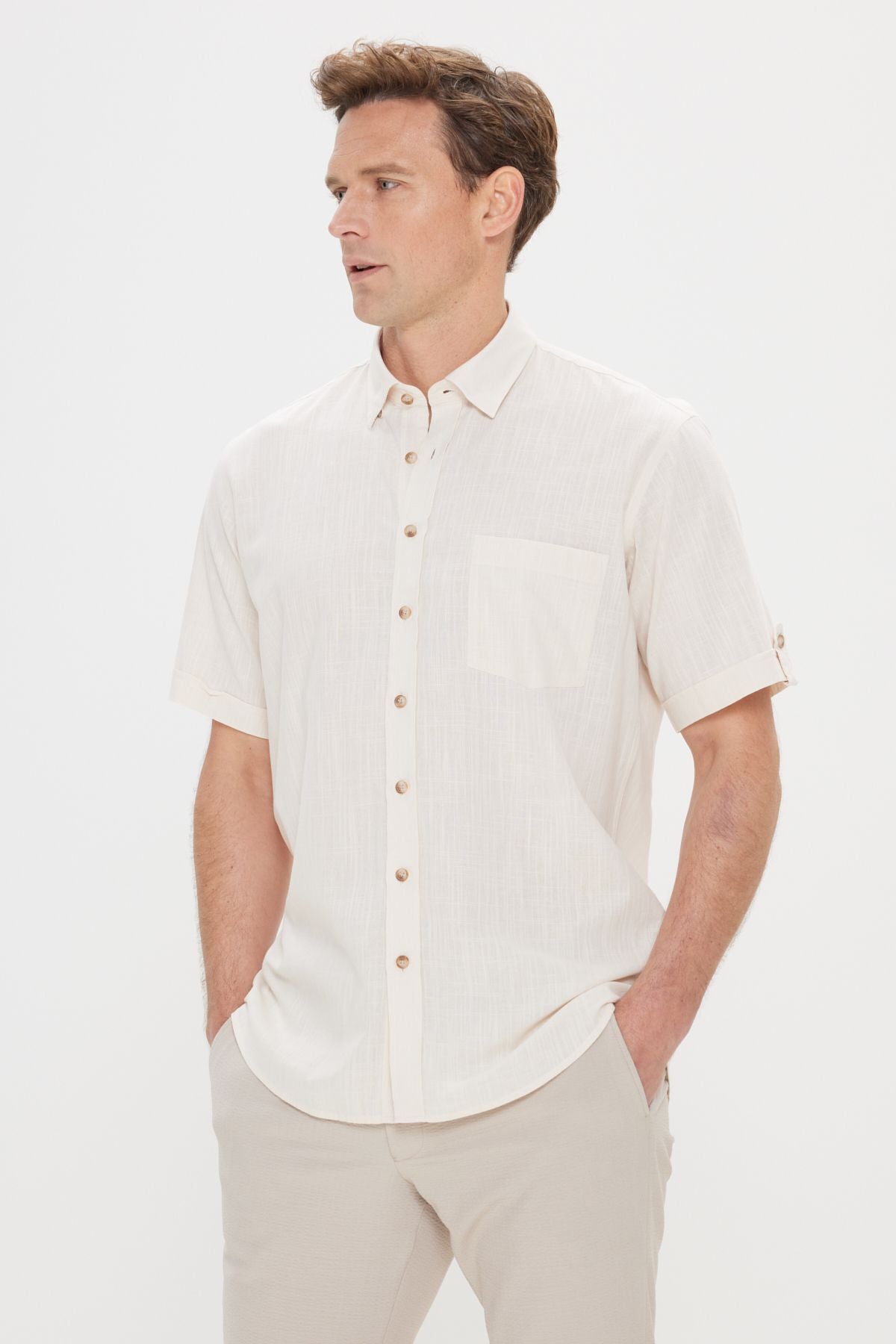 Men's Beige Comfort Fit Casual Cutting Buttoned Neck Linen Looking 100 %Cotton Planned Short Sleeve Shirt