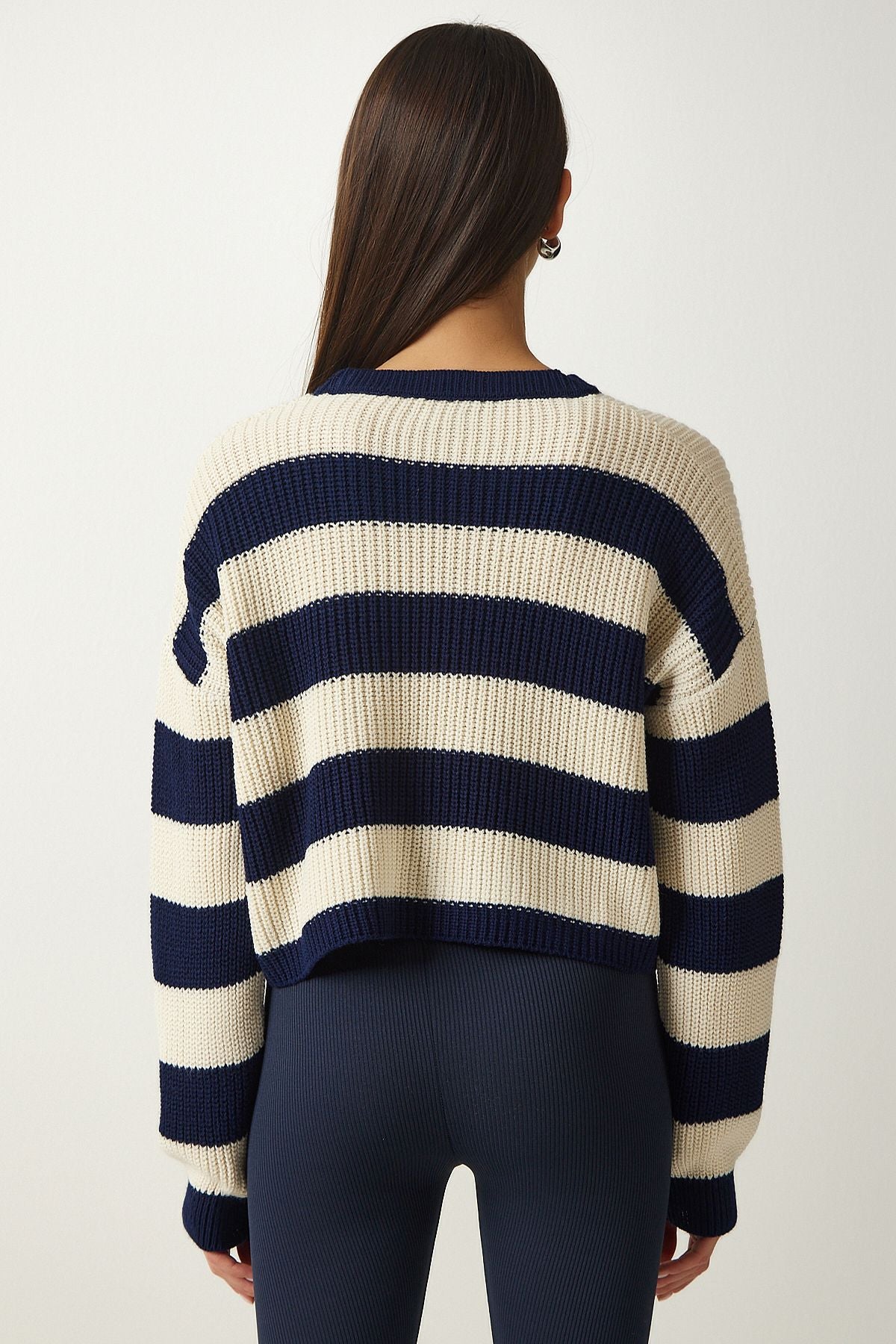 Woman Navy Blue Cream striped Crop Knitwear sweater PF00058