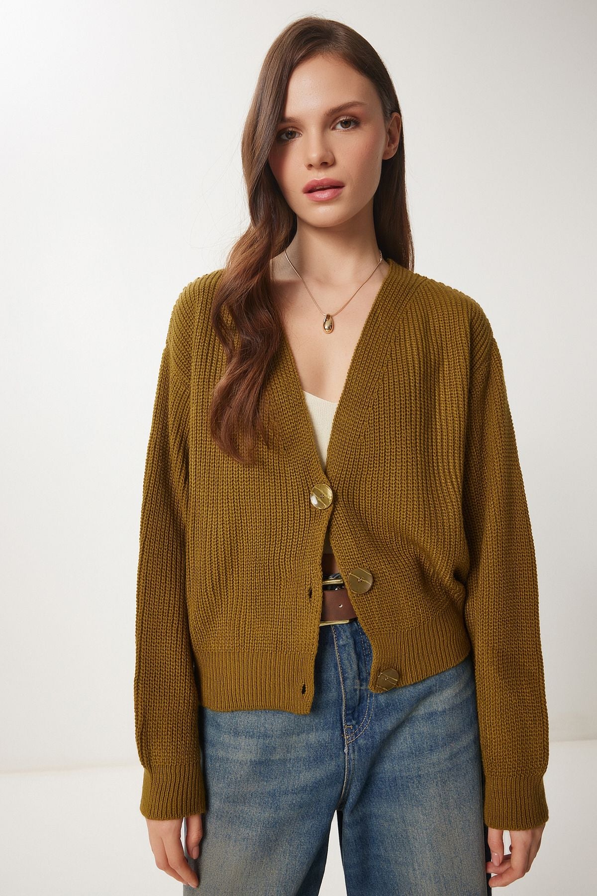 WOMEN'S OLIVE GREEN V -YAKA BUTTON knitwear cardigan MX00175