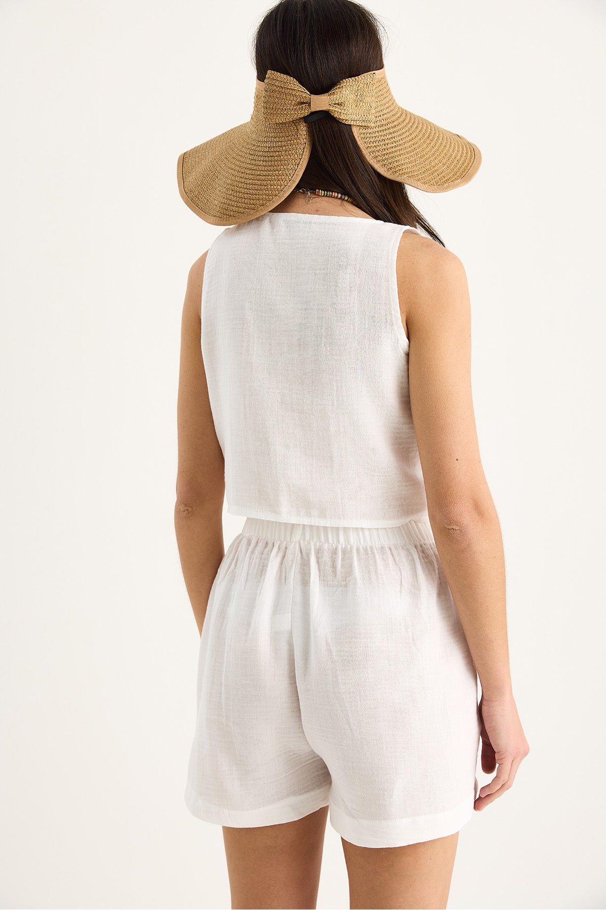 Women's V-neck Gather Detailed Blouse Elastic Waist Shorts Cotton Thin Muslin Suit 8051 60283374