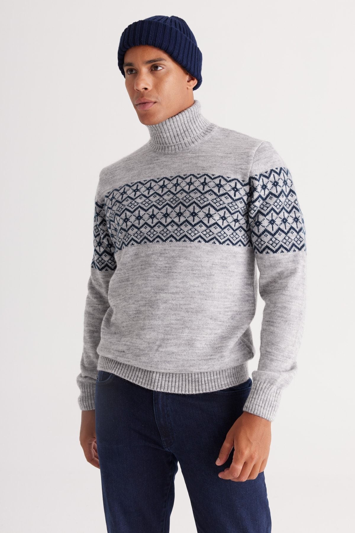 Men's Gray Melanj-Lacivert Standard Fit Normal Cut Fisherman Neck Zigzag Patterned Knitwear Sweater