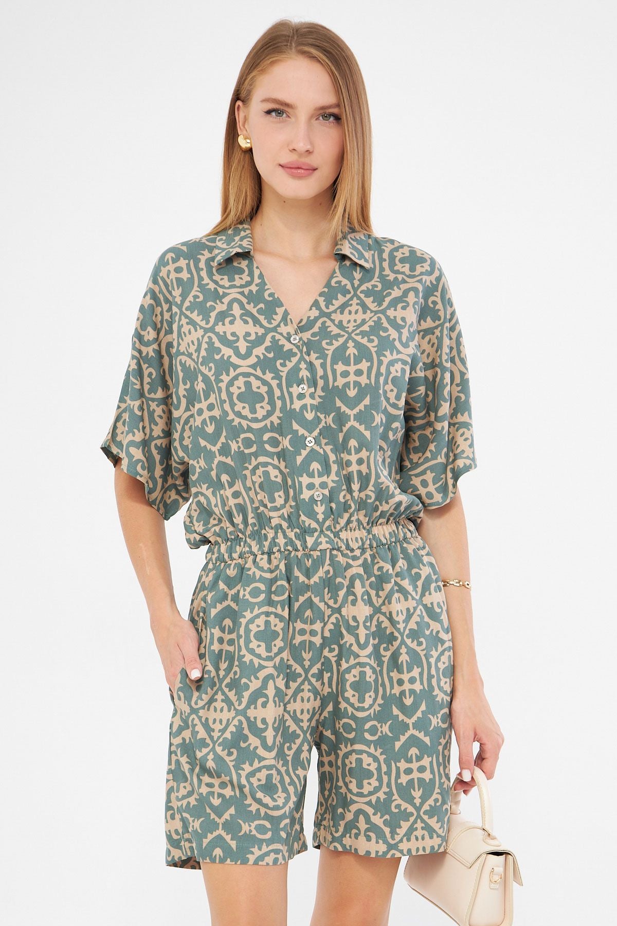 Women's Cagla Green Shirt Cep Patterned Short Tulum ARM-24Y001023