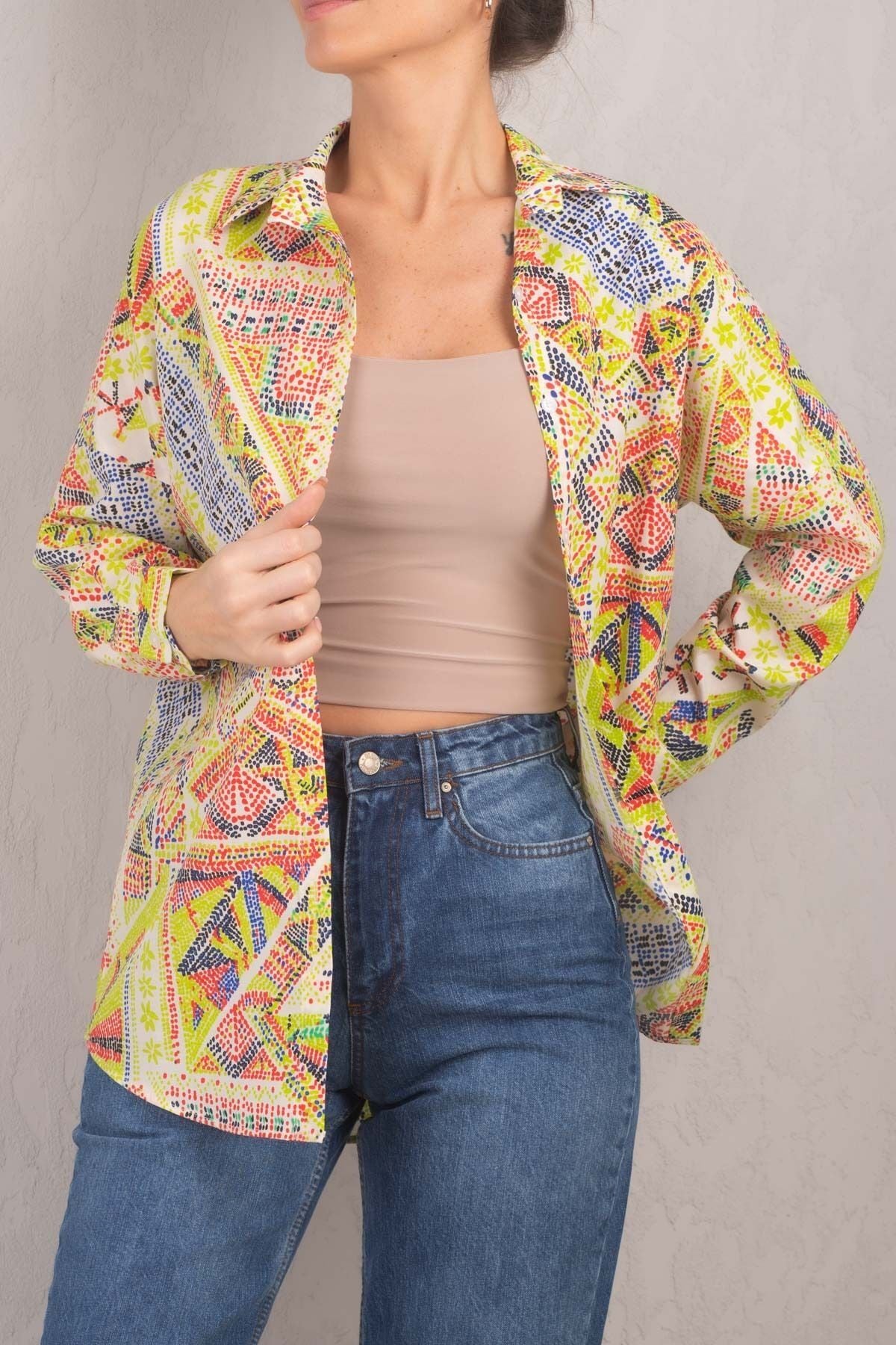 Female Peanut Green Patterned Oversize Long Basic Shirt ARM-221148