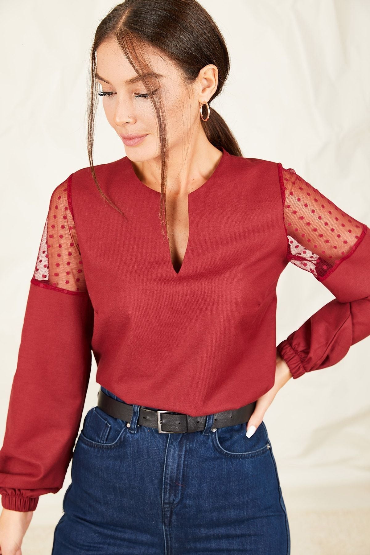 Female Bordeaux V-Neck Lew tulle Balloon Blouse ARM-20K001038