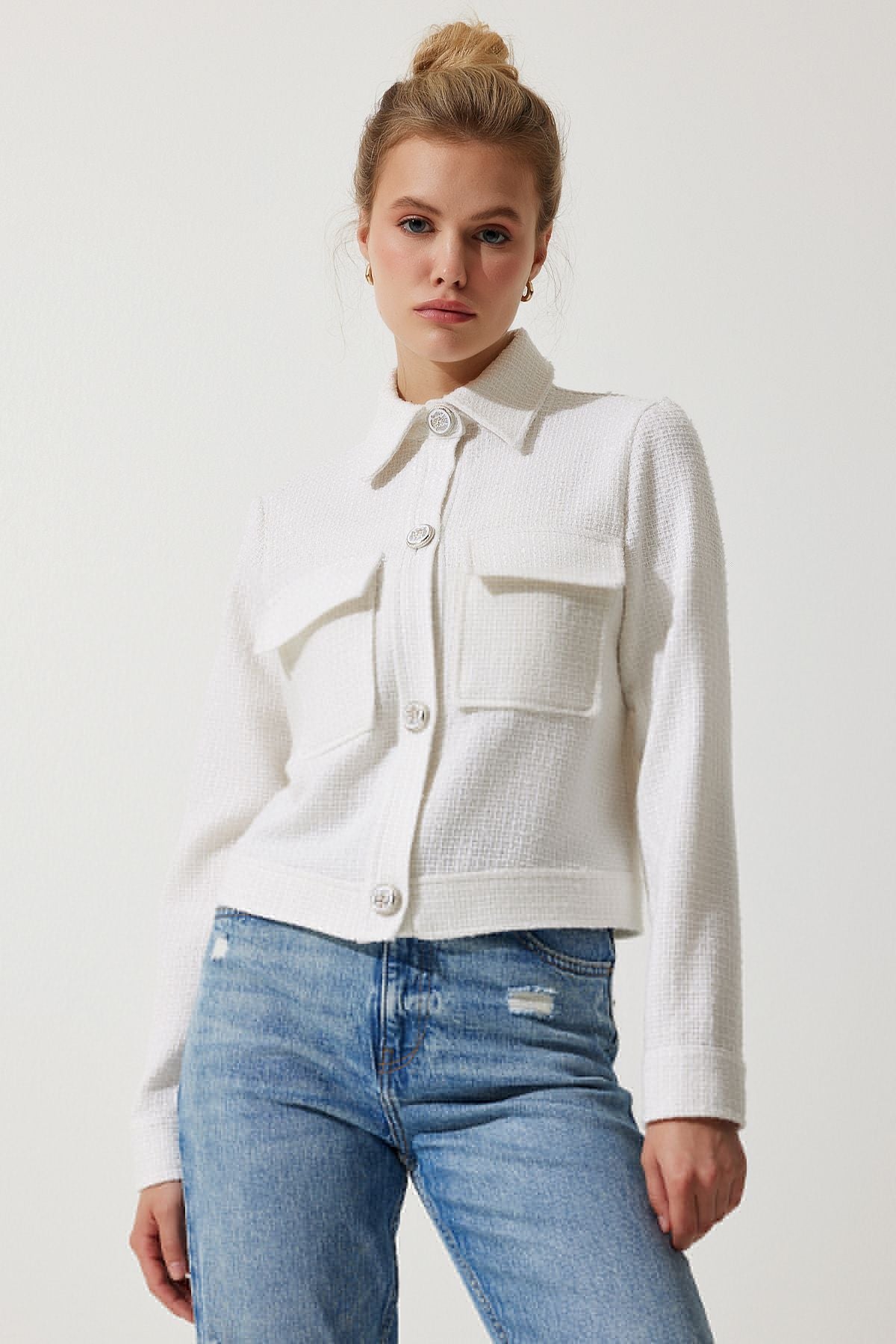 Woman Broken White Stylish Button Pocket Woven Tüvit Jacket WF00063