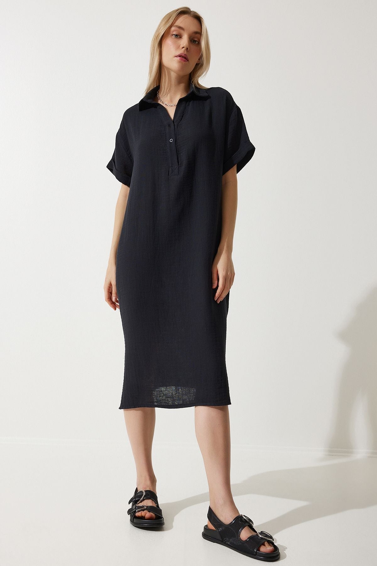 Woman Black Polo Yaka Summer Plenty Muslin Dress to00135