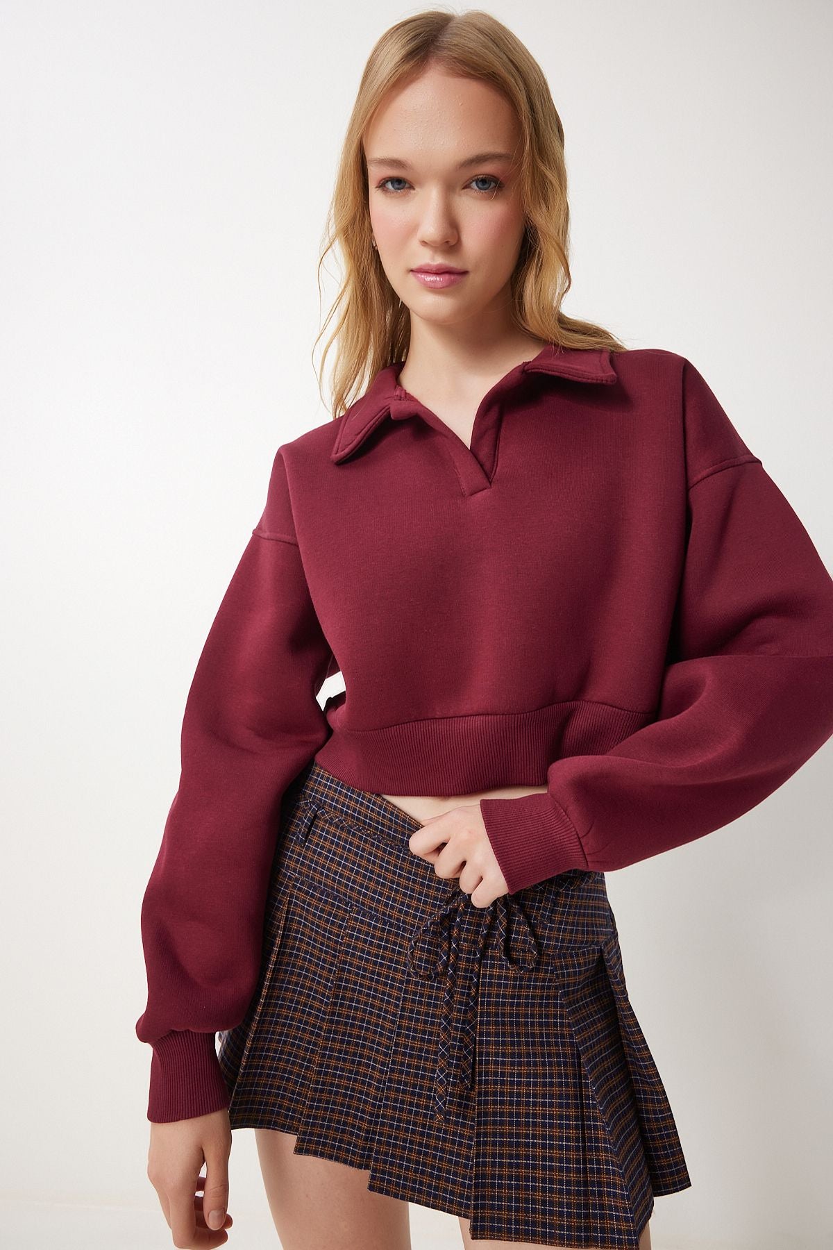 Female Bordeaux Polo Yaka Crop Knitting Sweatshirt HW00014