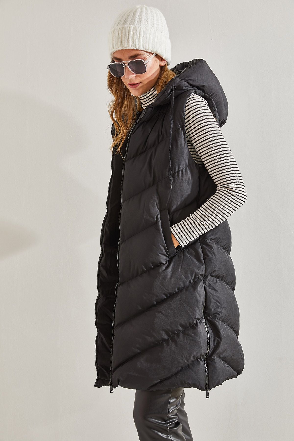 Women's sides Zippered Long Swelling Vest