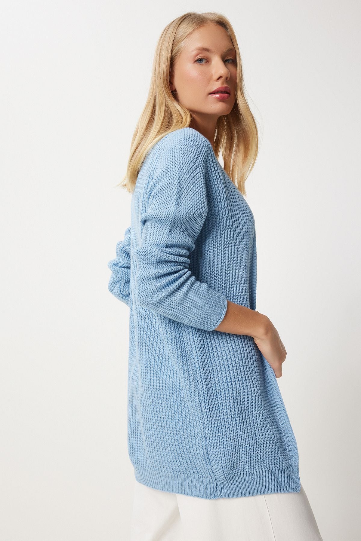 Woman Sky Blue Thessaloniki Knitting Basic Knitwear Cardigan YG00095