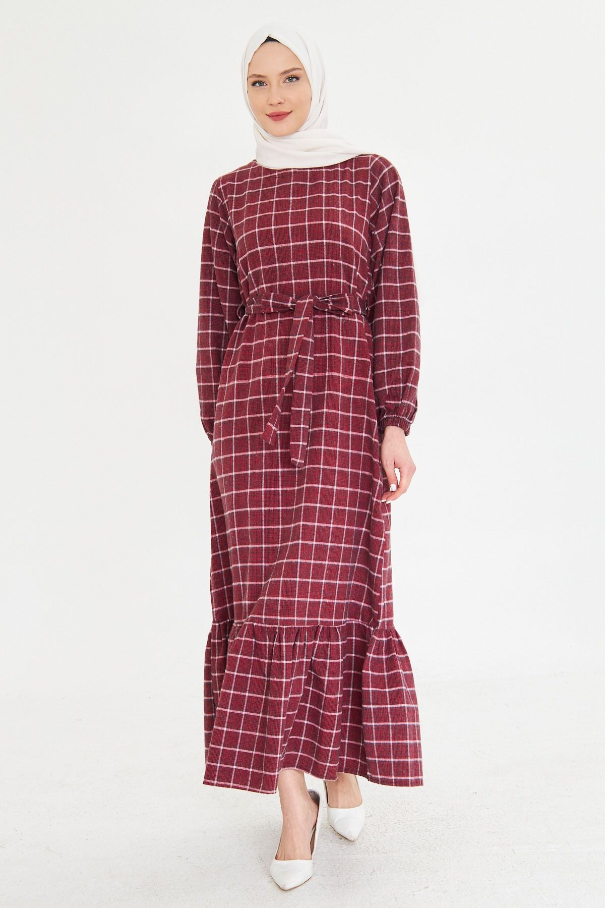 Female Bordeaux Zero Back Back Zipper Skirt Long Hijab Dress with Ruffle Born Arm-25k001102