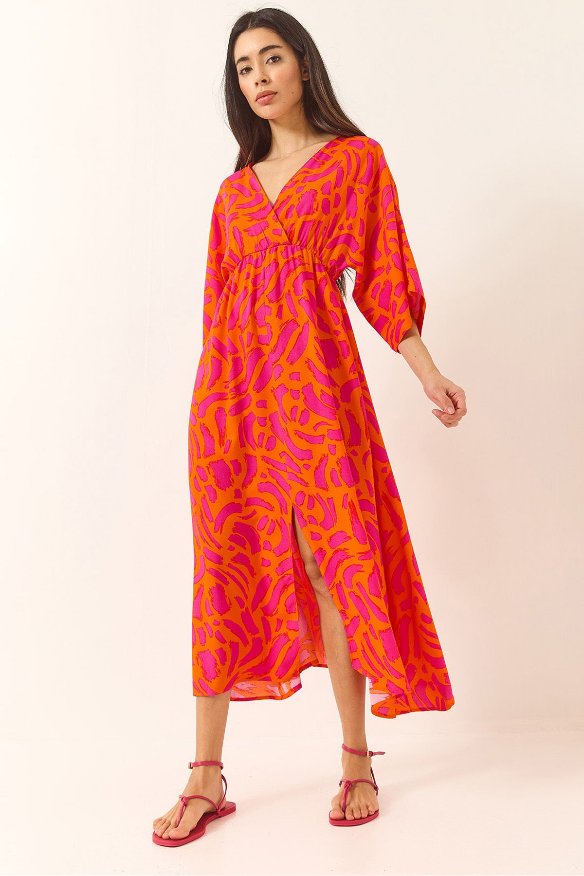 Women's Wrap Collar Waist Elastic Patterned Summer Viscose Dress 60283225