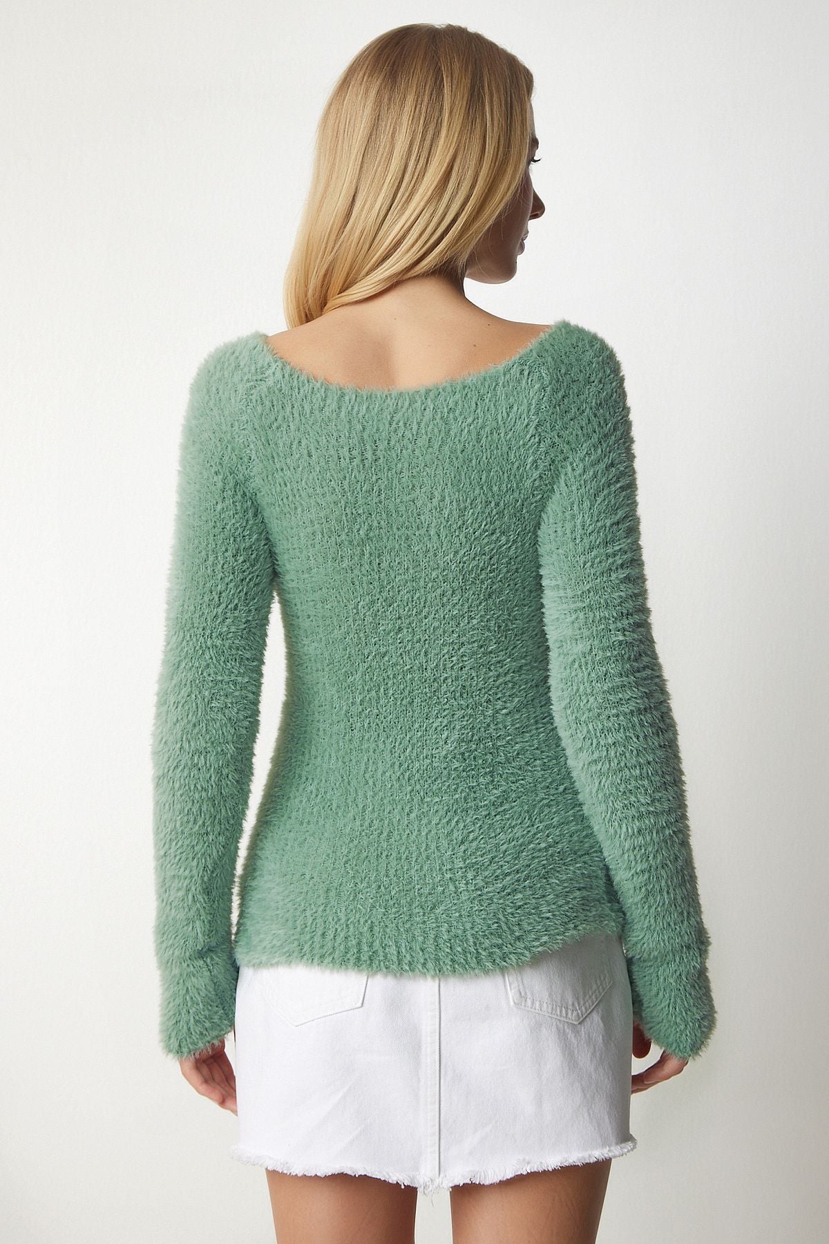Women's Cagla Green Kayık collar beard knitwear sweater NF00070