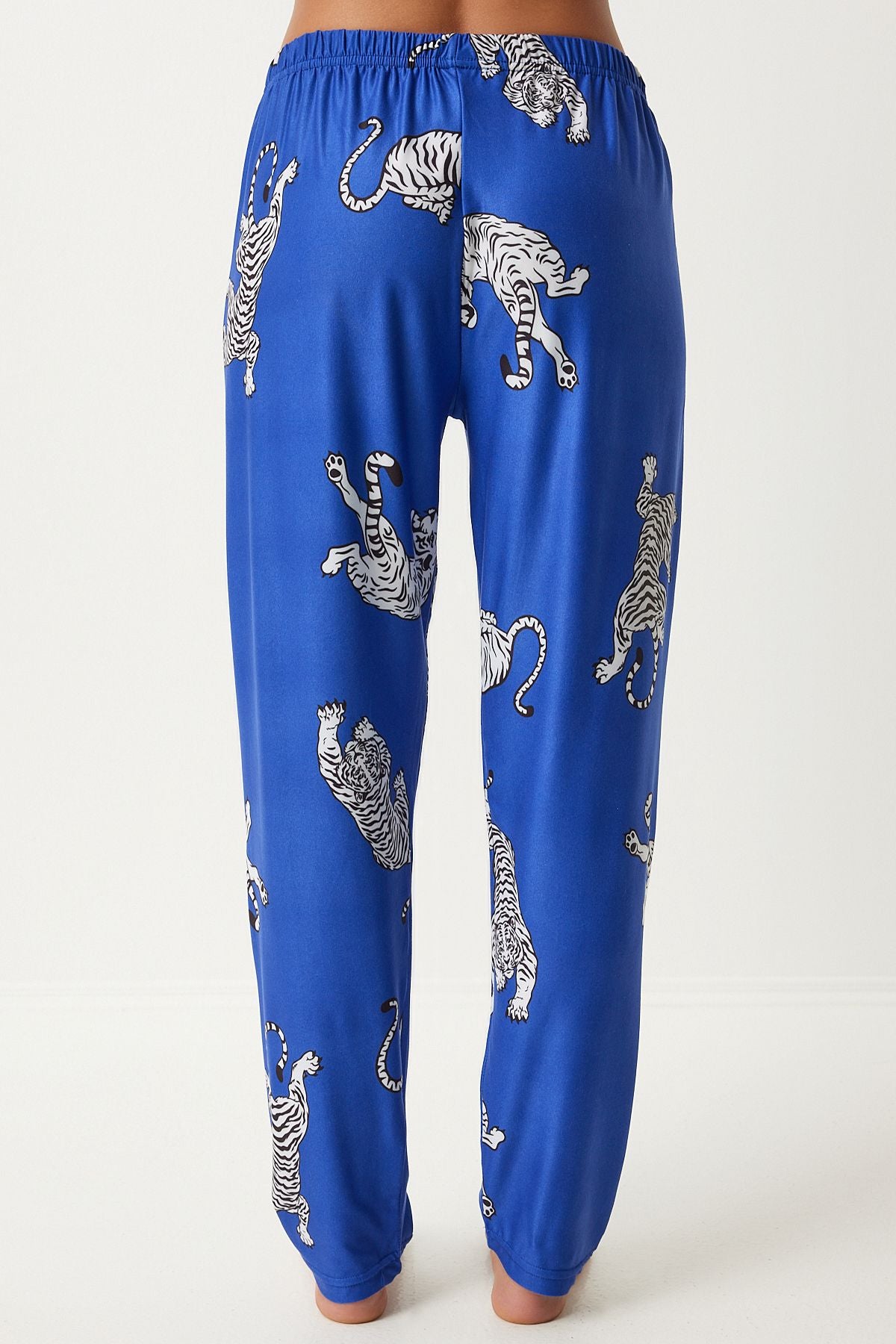 Woman Dark Blue Patterned Shirt Pants Knitting Pajama Set FP00006