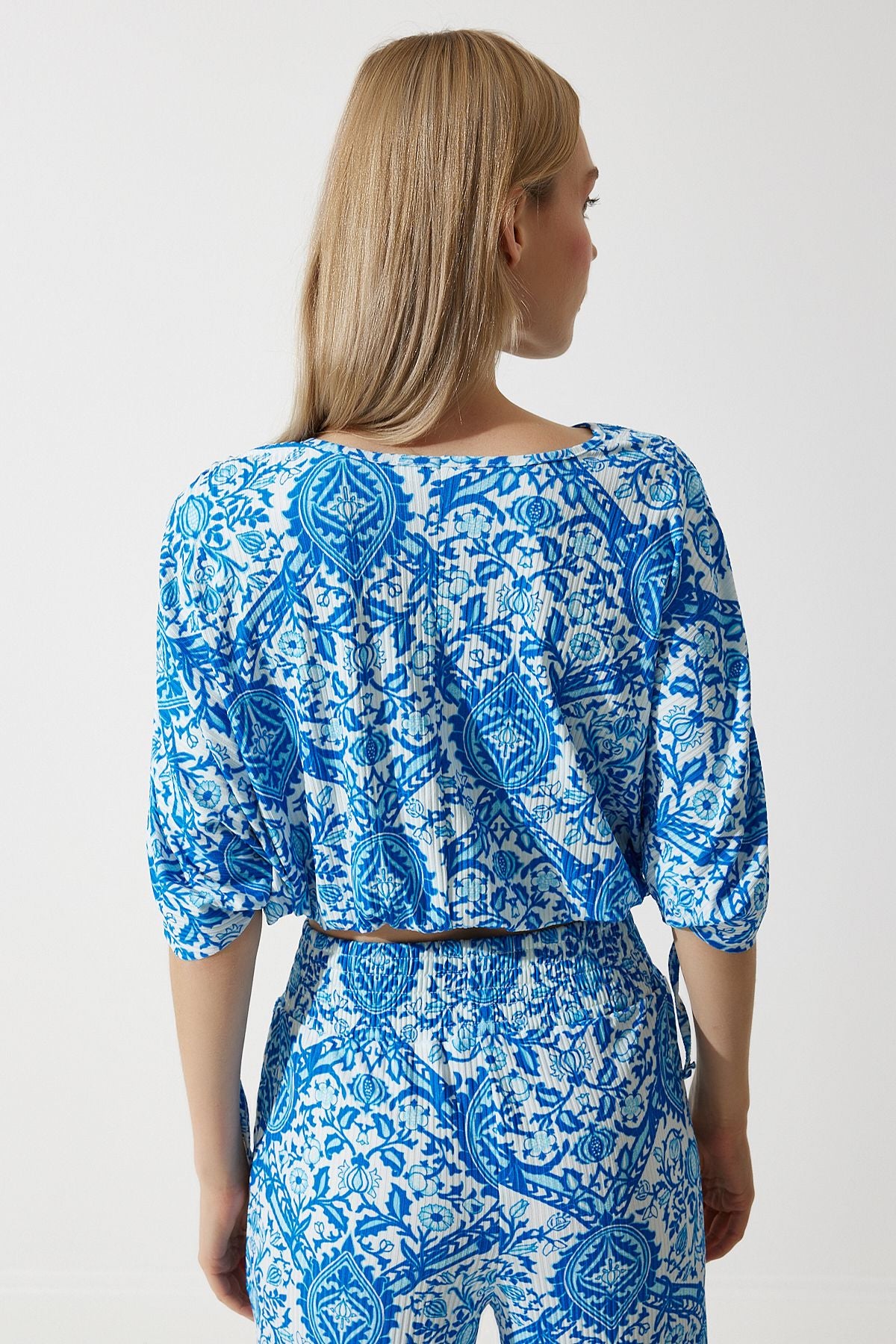 Women's Blue White Patterned Blouse Palazzo Knitting Set MC00264