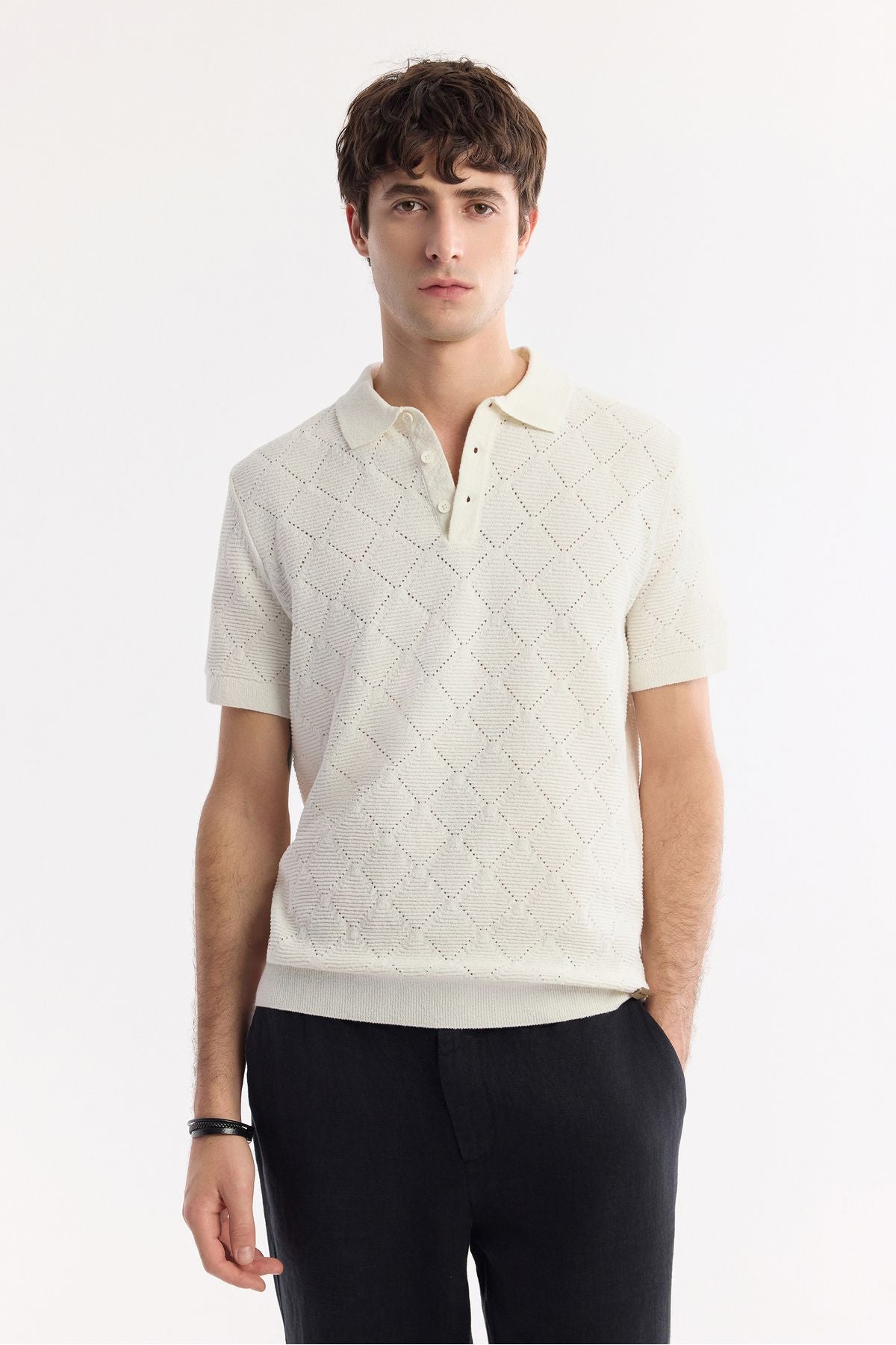 Male Ecru Polo Yaka Jacquard Bouquet Yarn Triko T-shirt A51y5040