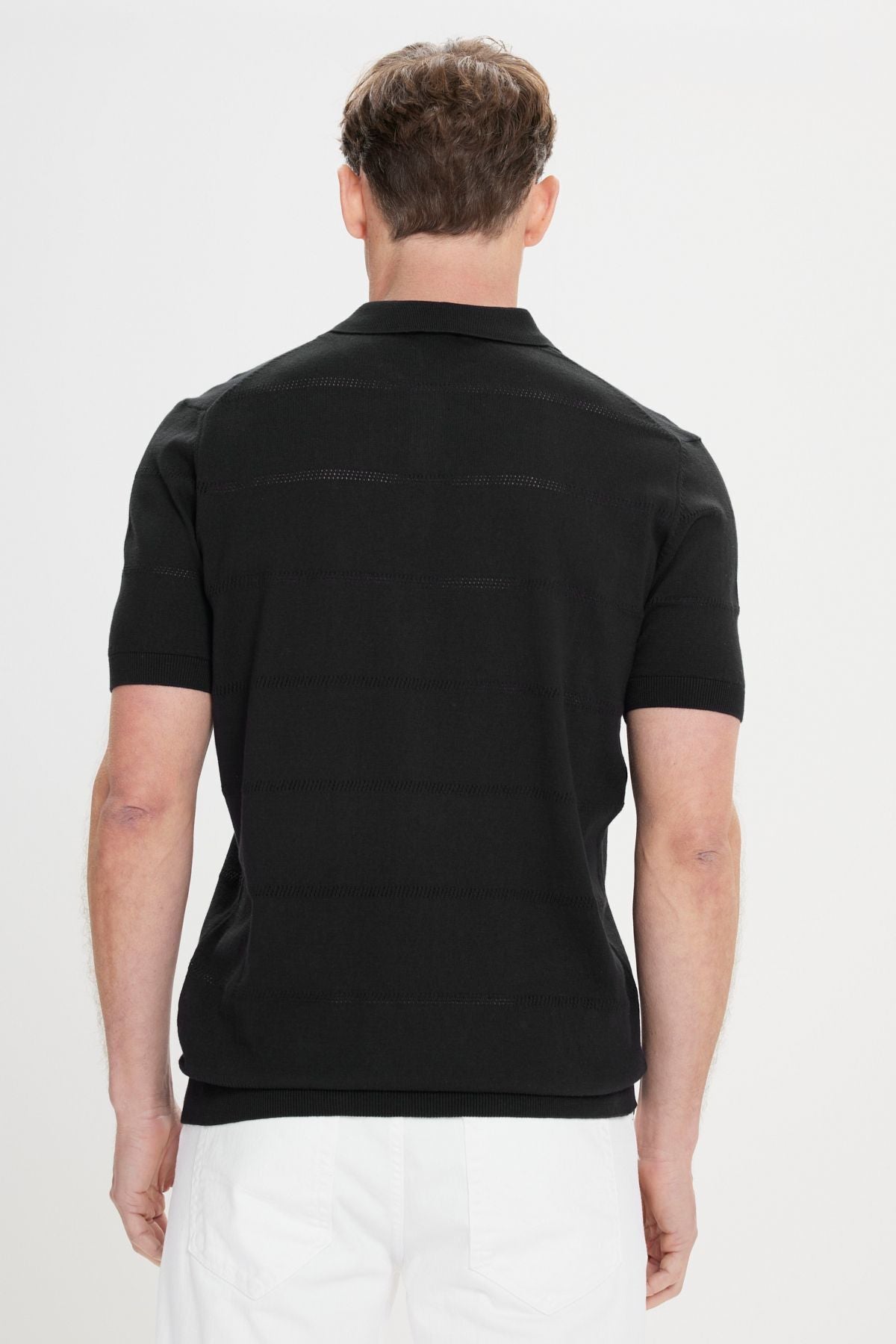 Men's Black Standard Fit Normal Cutting 100 %Cotton Jacquari Polo Yaka Triko T -shirt