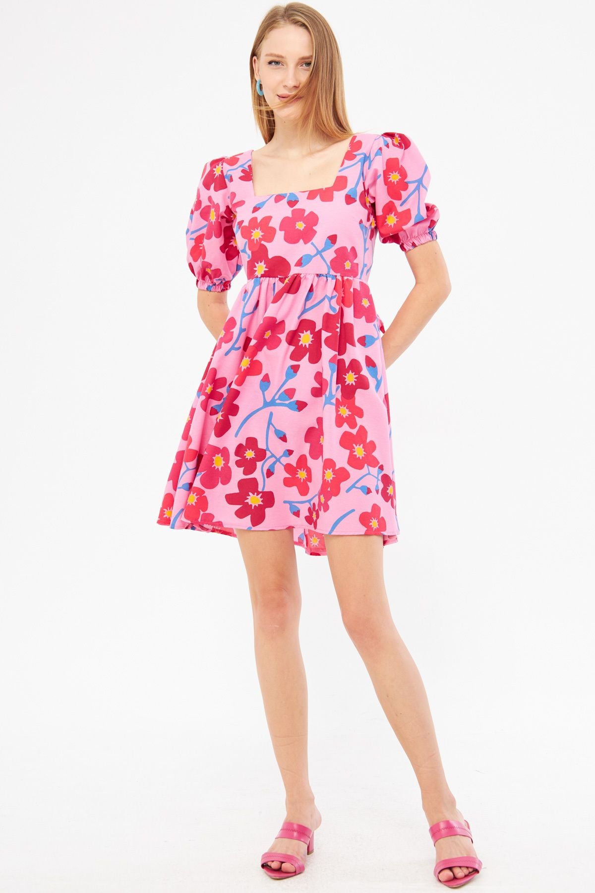 Female Pink Square Yaka Sıme Bağlama Detailed Waist Waist Waisnous Princess Arm Mini Dress ARM-24Y001078