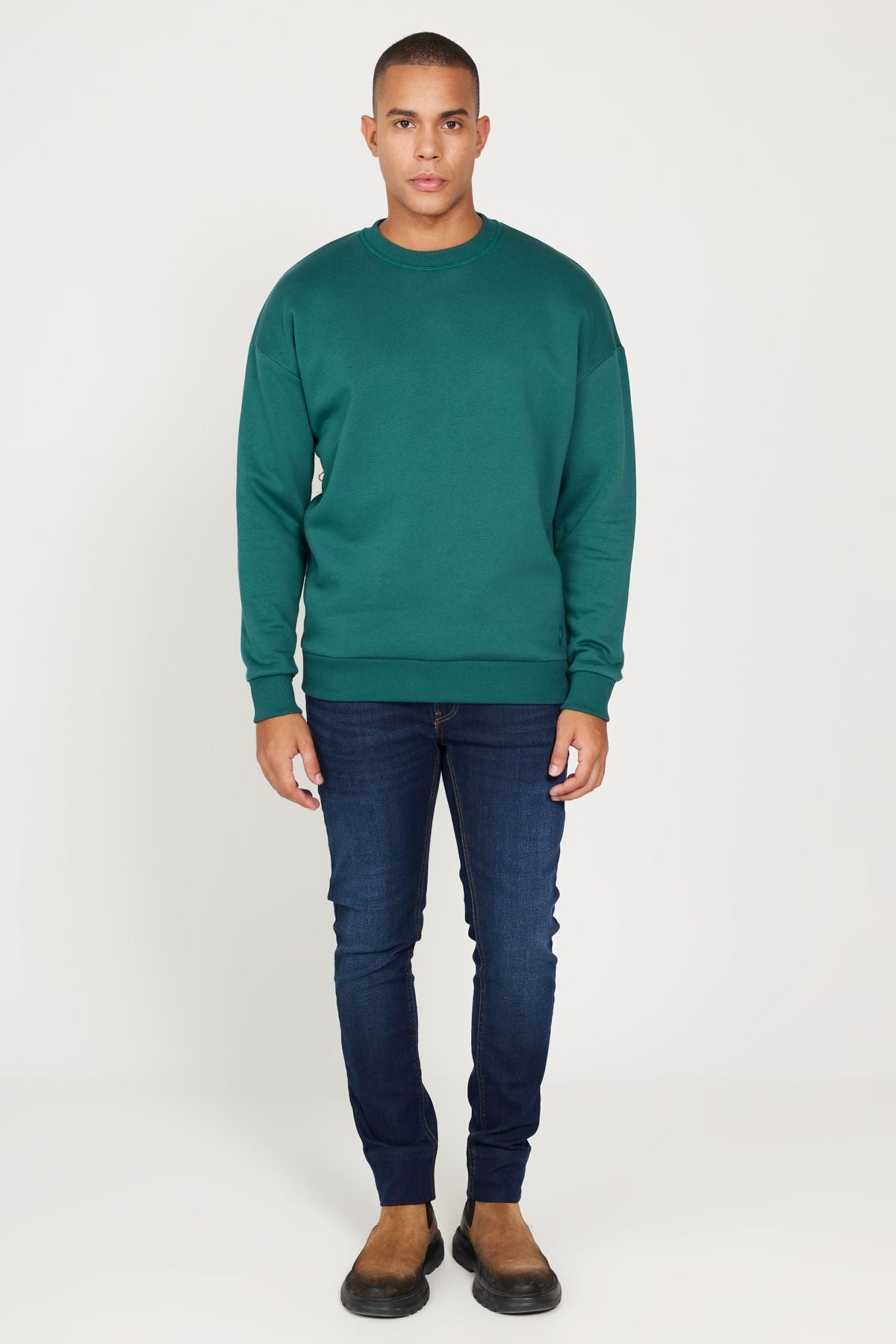 Men's Dark Green Oversizle Fit Plenty Cotton Cotton Içi Polar 3 IP Bicycle collar Sweatshirt