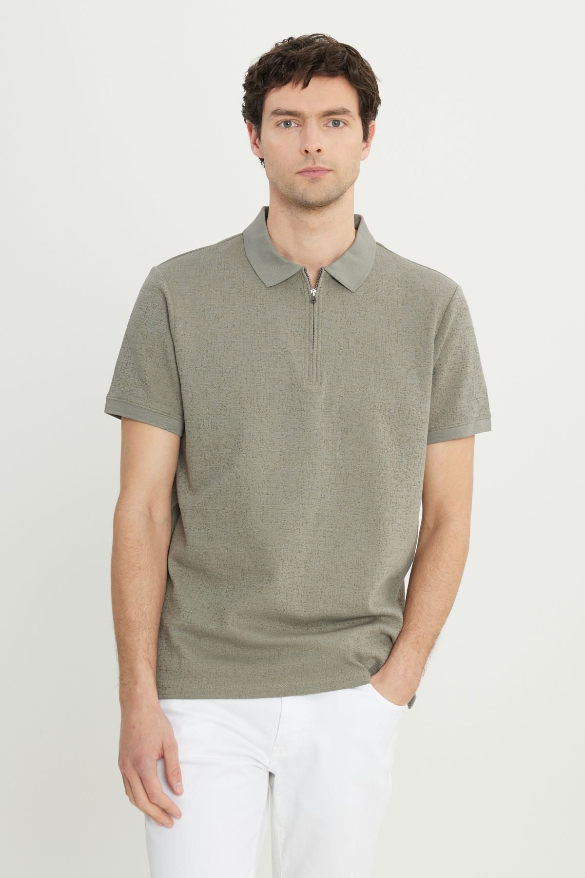 Men's Khaki Cotton Slim Fit Narrow Cut Zippered Flexible T -shirt with Jacquard
