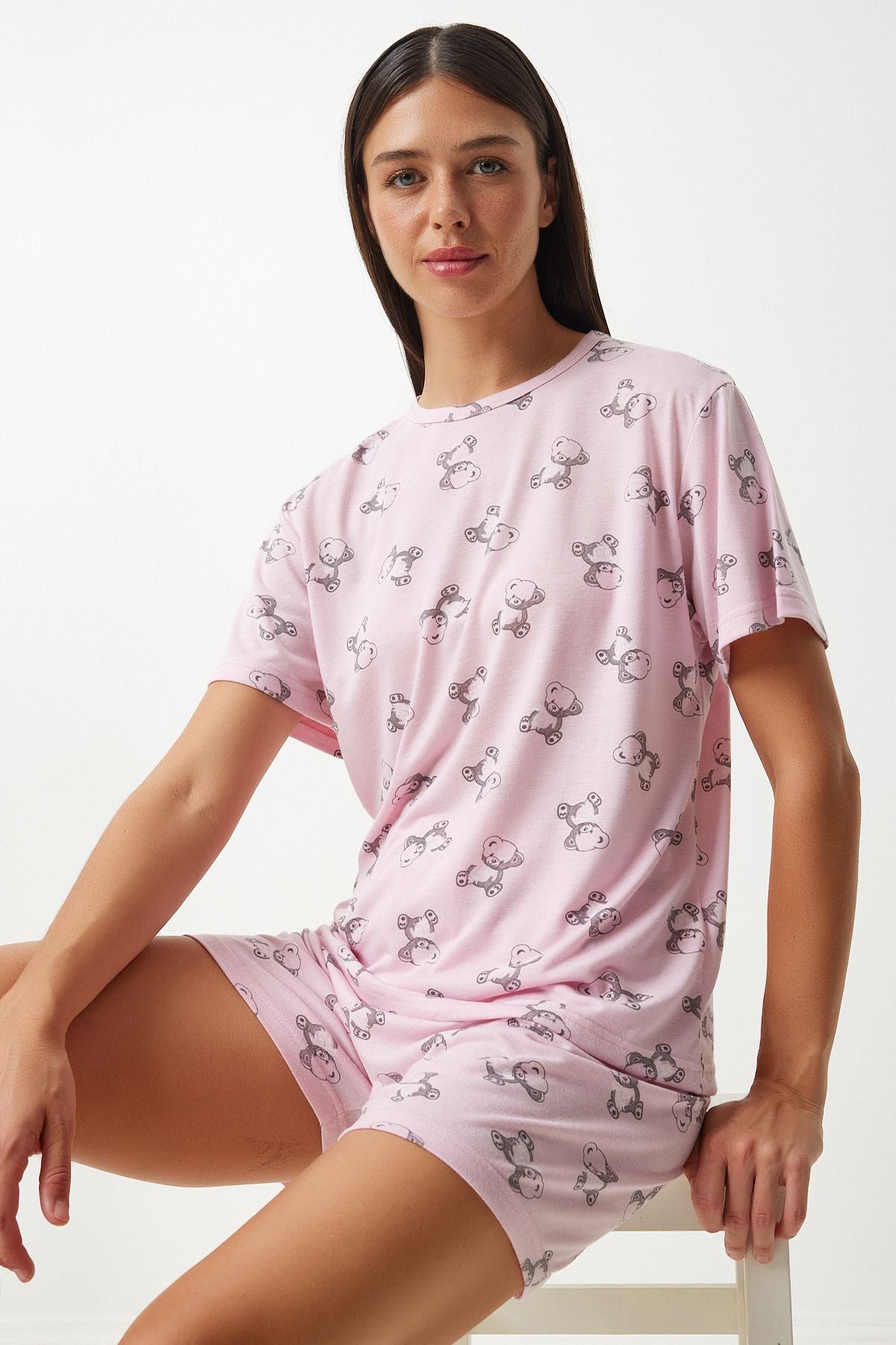 Woman Light Pink Patterned Viscose Short T-Shirt Pajama Set EC00045