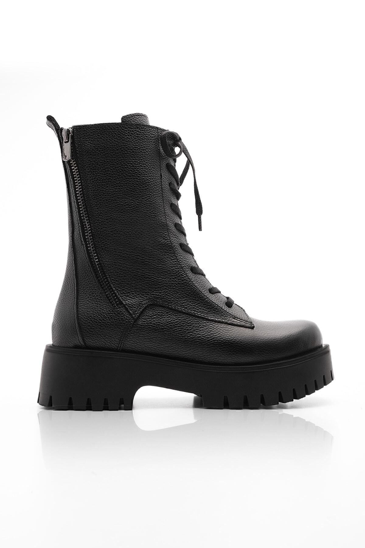 Woman Genuine Leather Postal Boots Thick Skolded Base Zippered Lace Laccik Daily Bot Orben Black