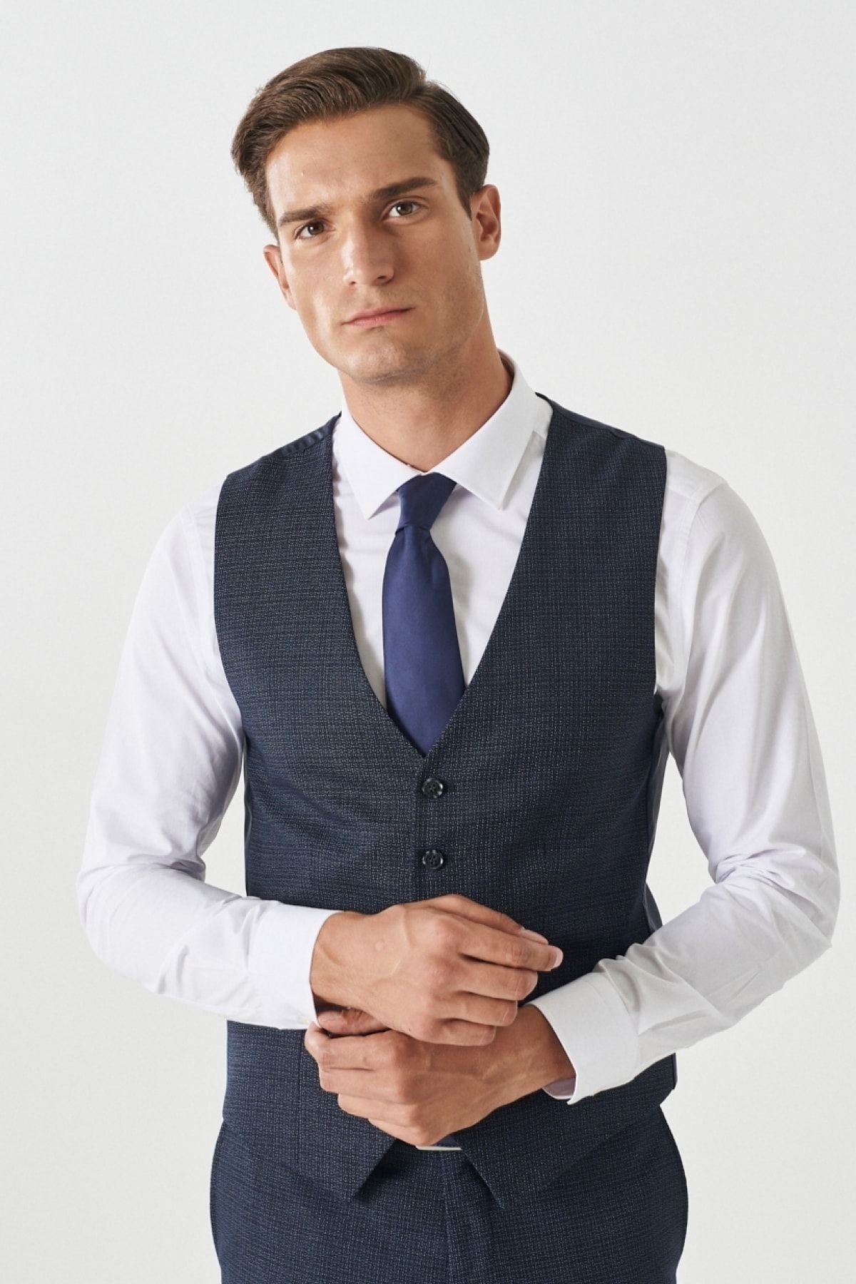 Men's Navy Blue Slim Fit Narn Cut Mono Yaka Amelor Classic Suit with Amelor West