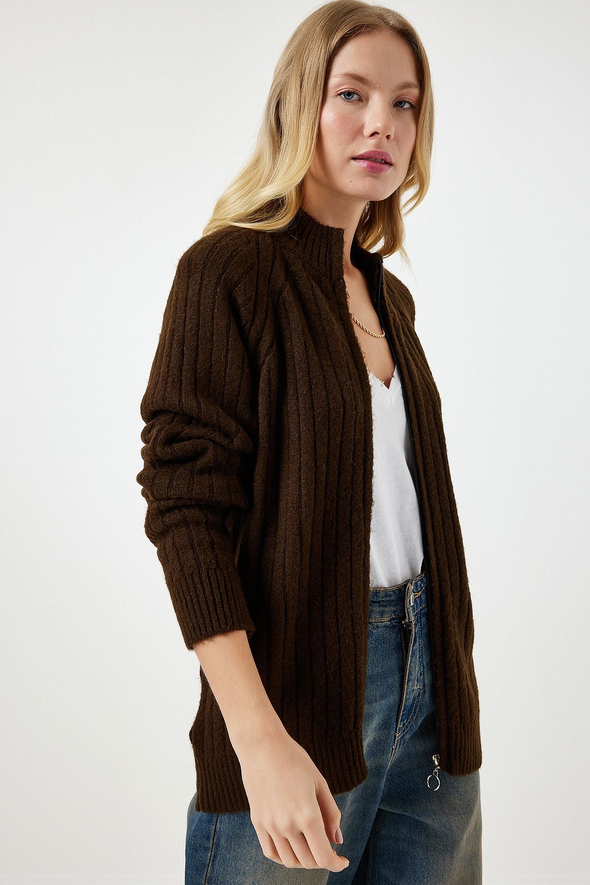 Women's Brown Zipper knitwear cardigan DD01301