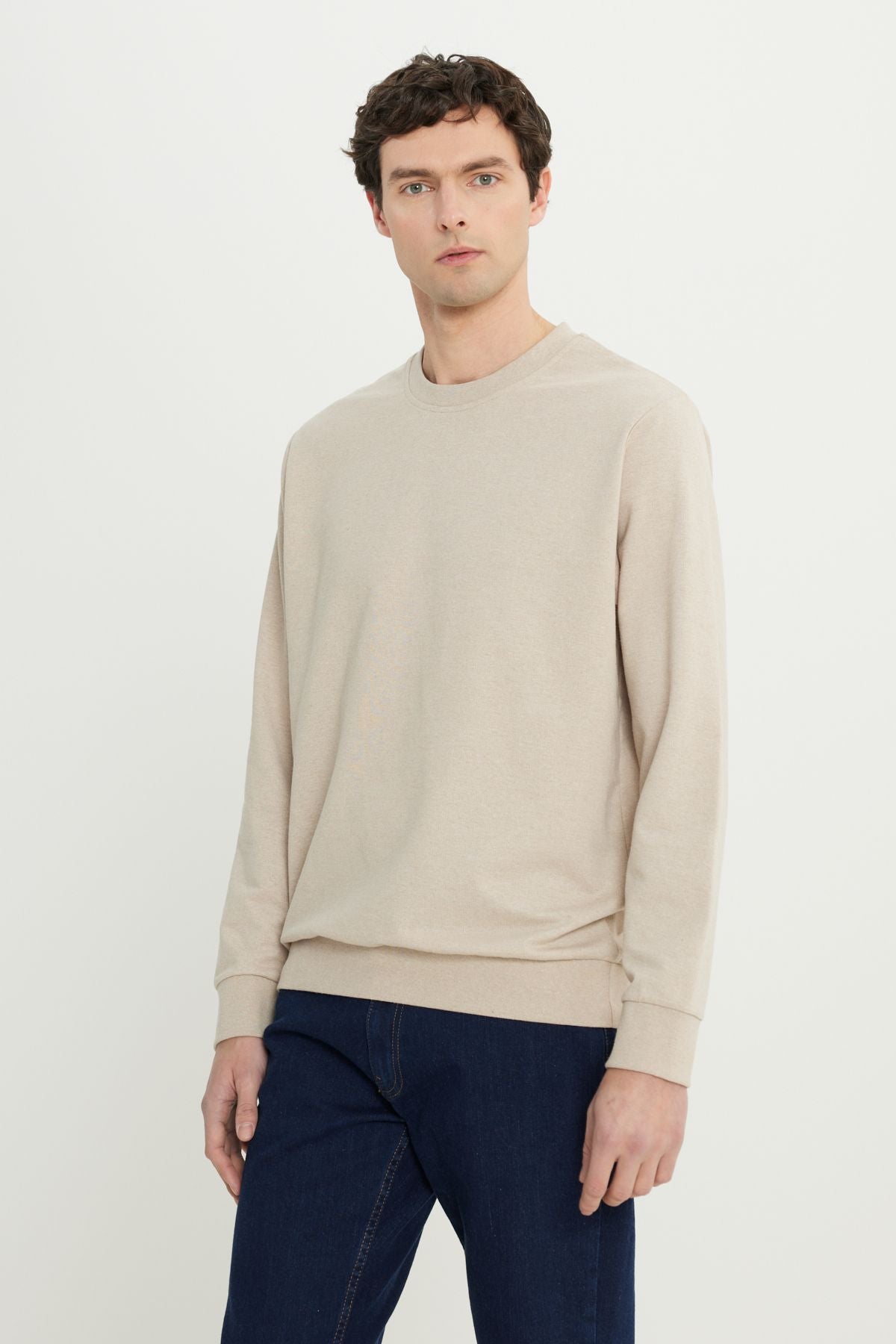 Men's Beige Standard Fit Normal Cutting 2 Yarn Recycle Cotton Bicycle Collar Sweatshirt