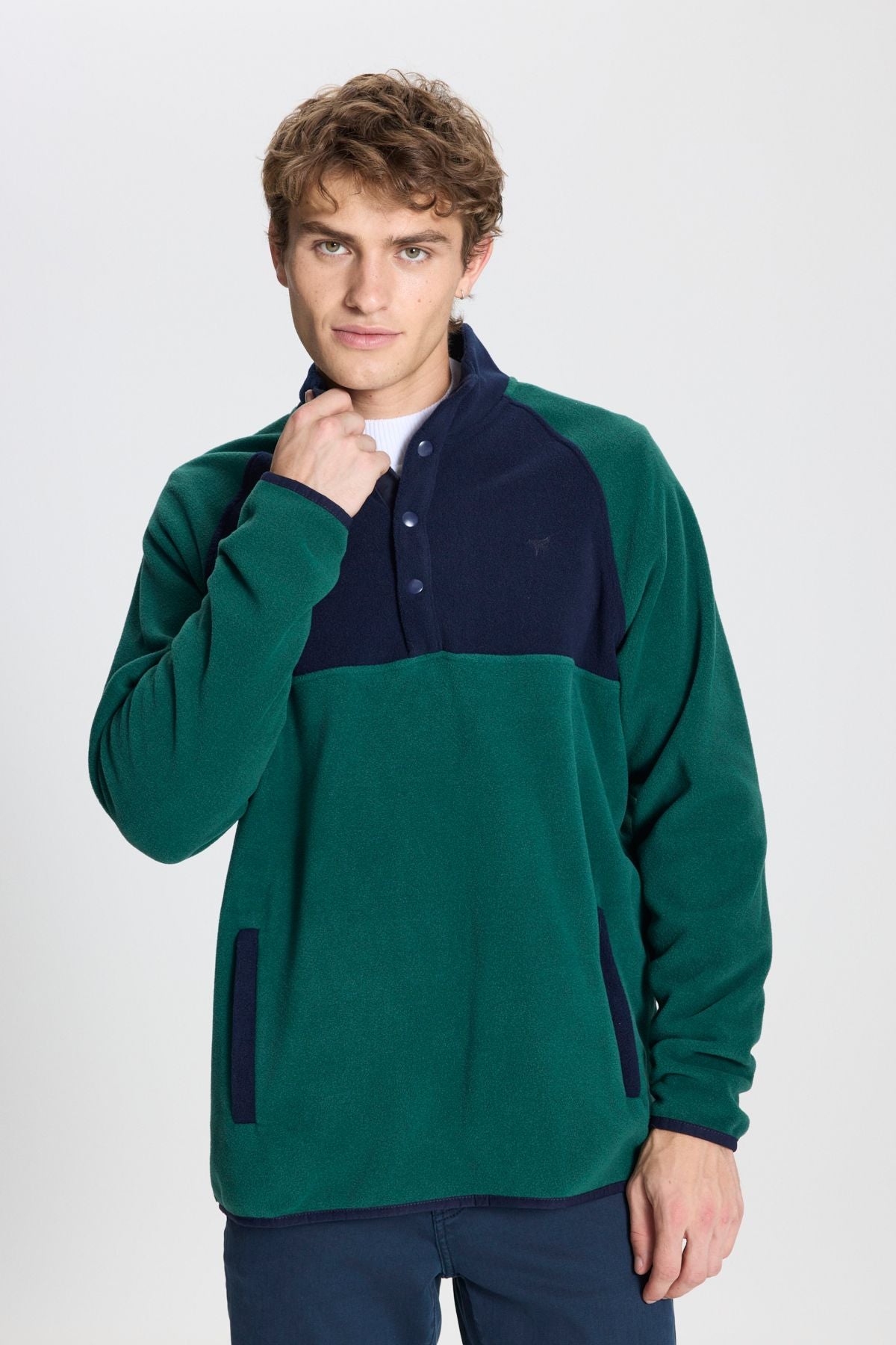 Men's green-lacivert standard fit normal cut upright bato collar pattern fleece sweatshirt