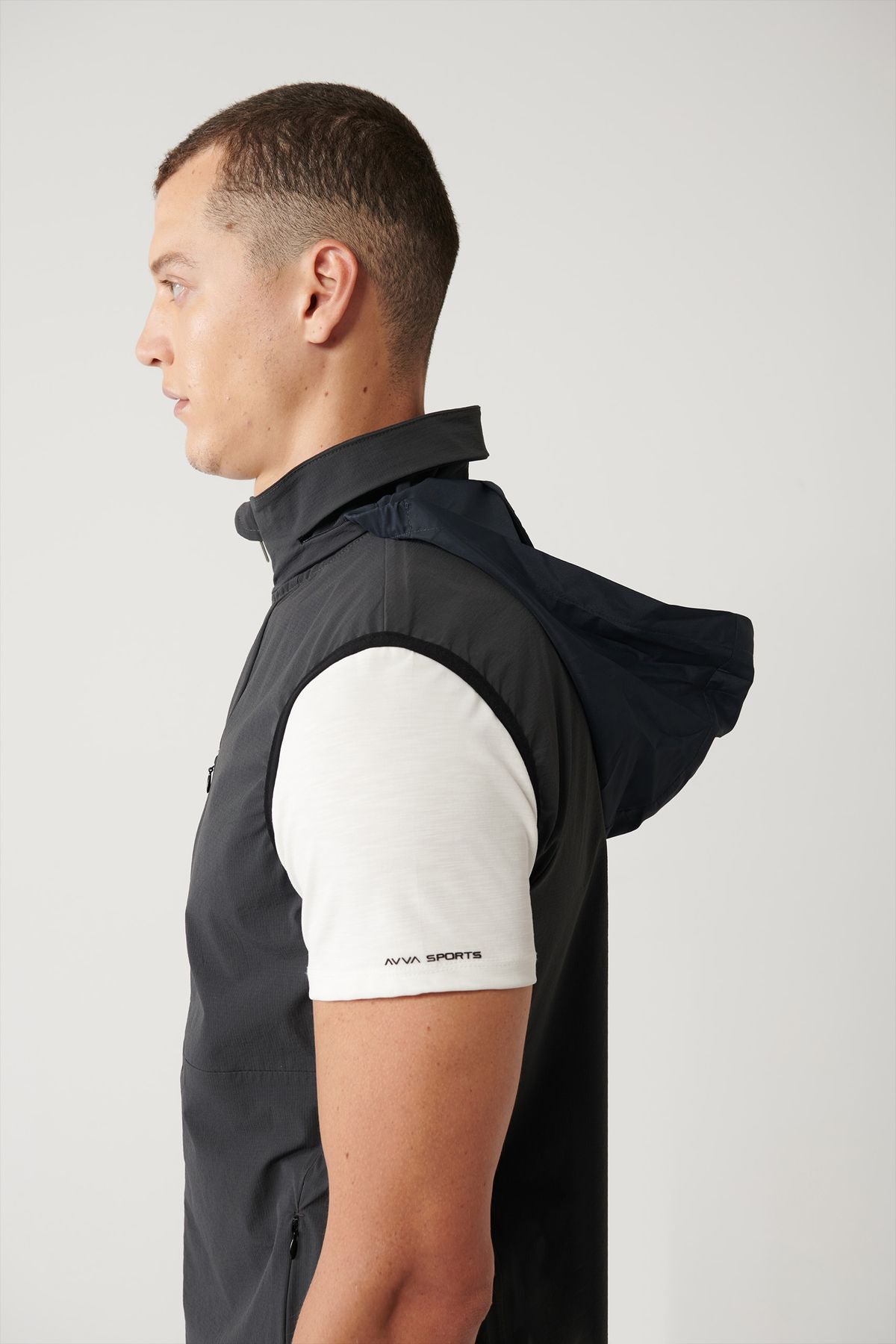 Men's anthracite upright collar hooded zipper water -driven bi stretch vest a41y6535