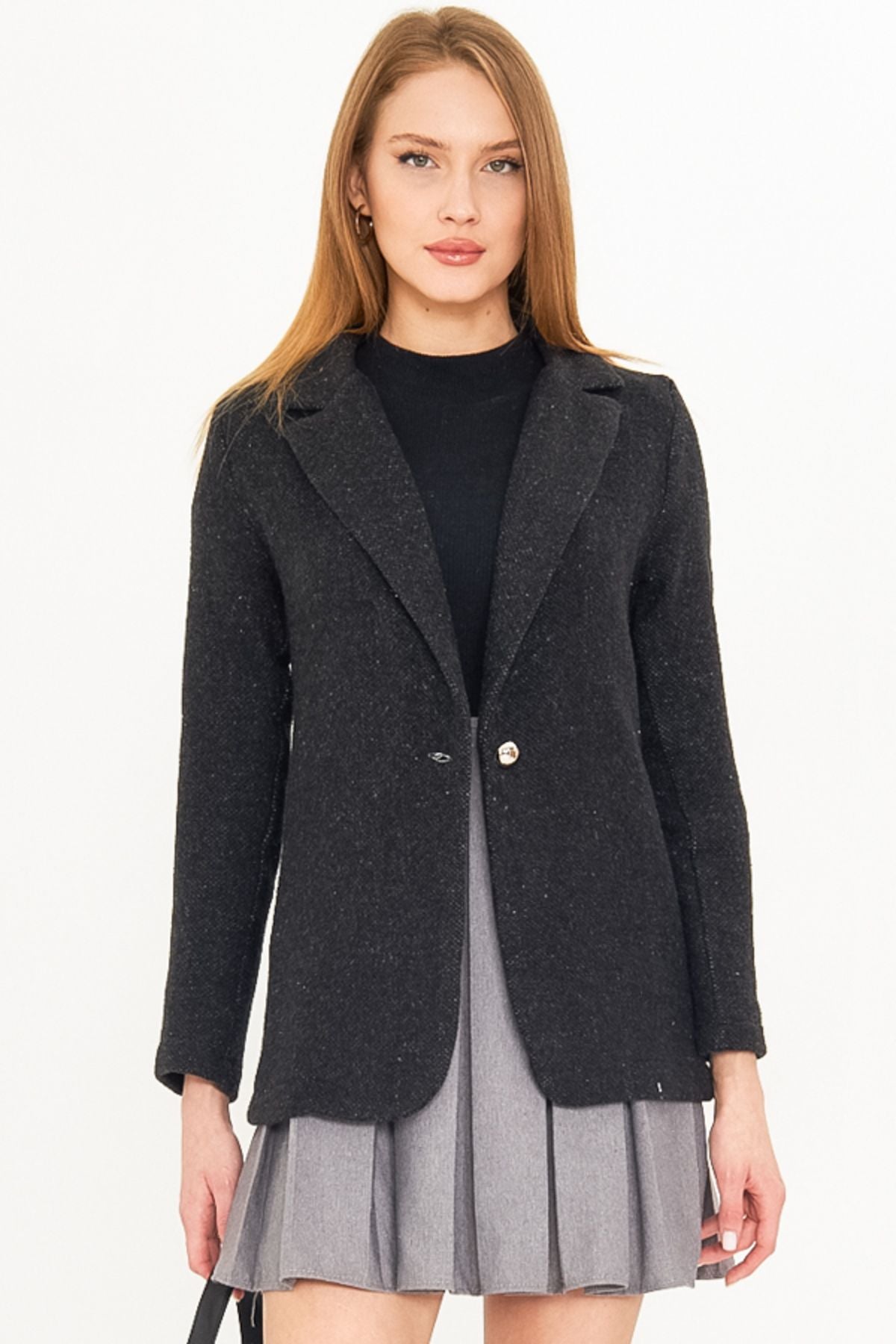 Woman Black Single button Stamp Jacket ARM-25K001082