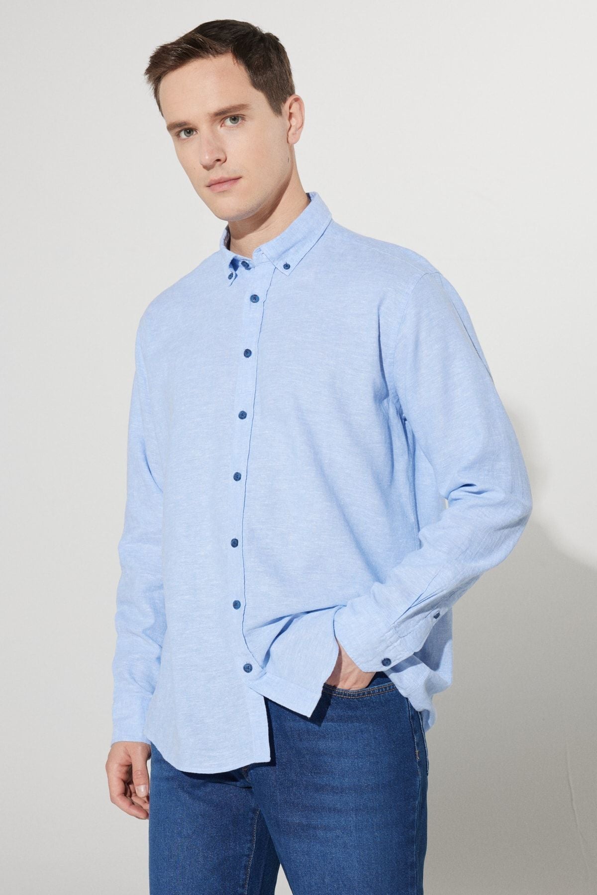 Men's Blue Linen Comfort Fit Casual Cutting buttoned collar shirt