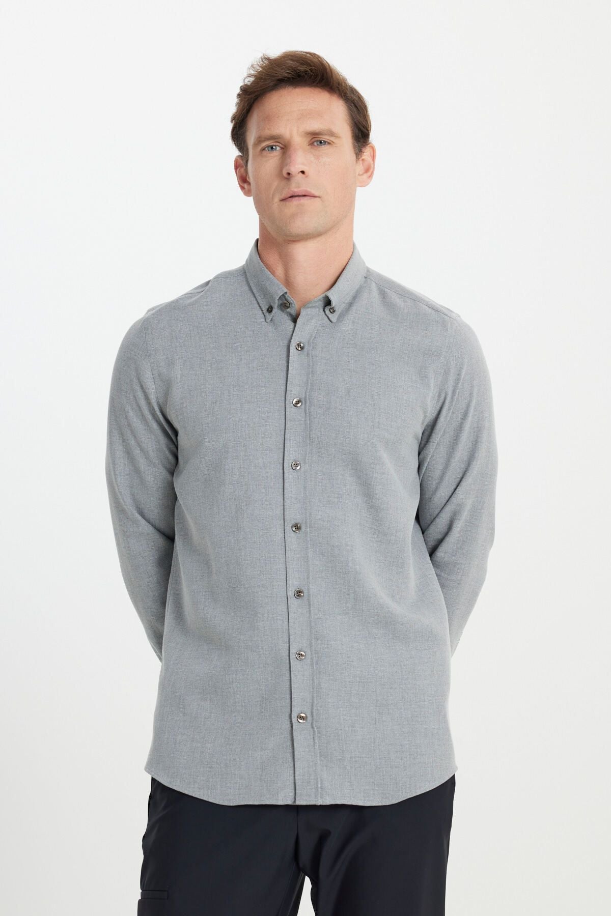 Men's light gray cotton flannel slim fit narrow cut buttoned button shirt