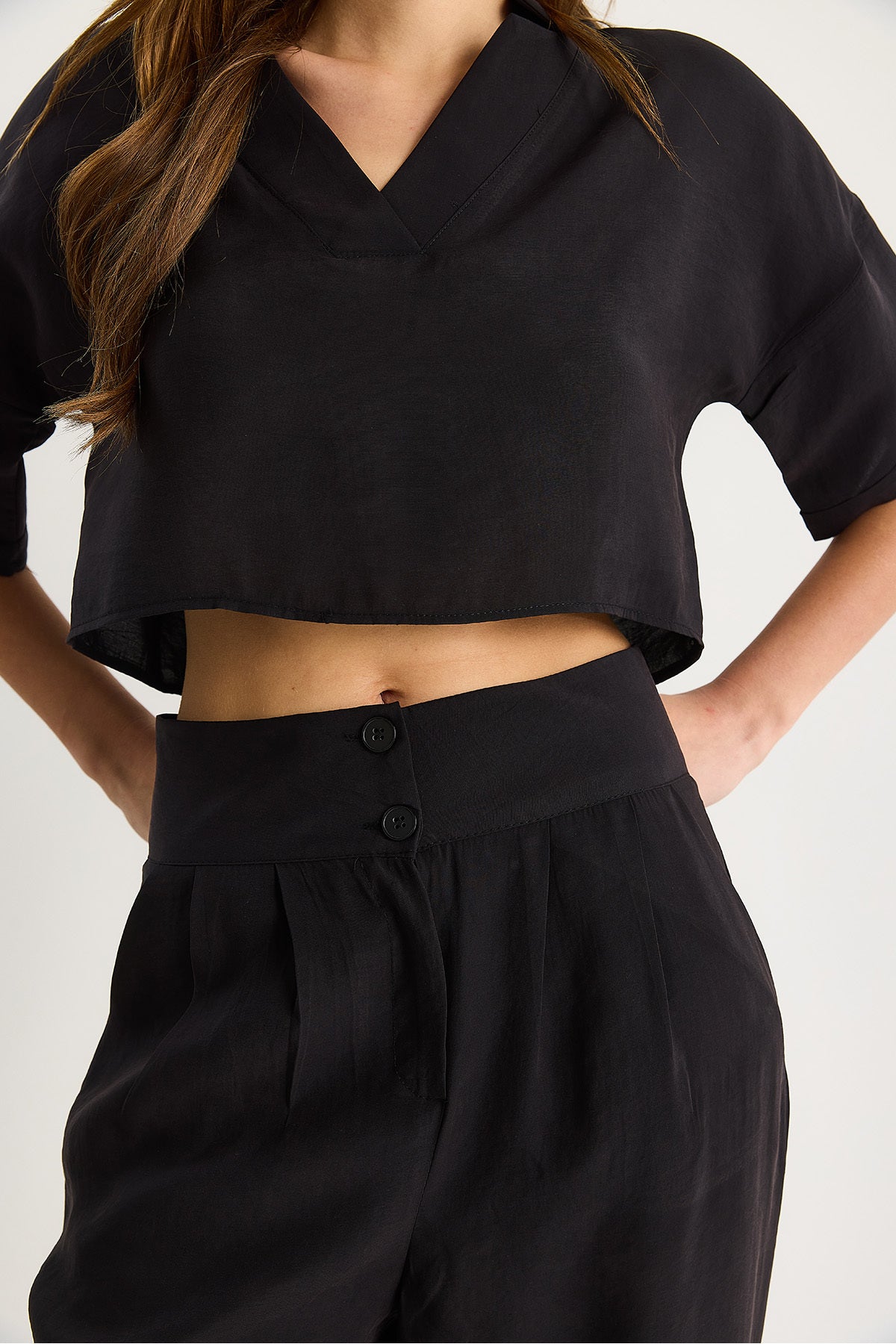 Women's V-Neck Crop Double-Button Trousers Modal Top-Bottom Suit 9330-1 60283505