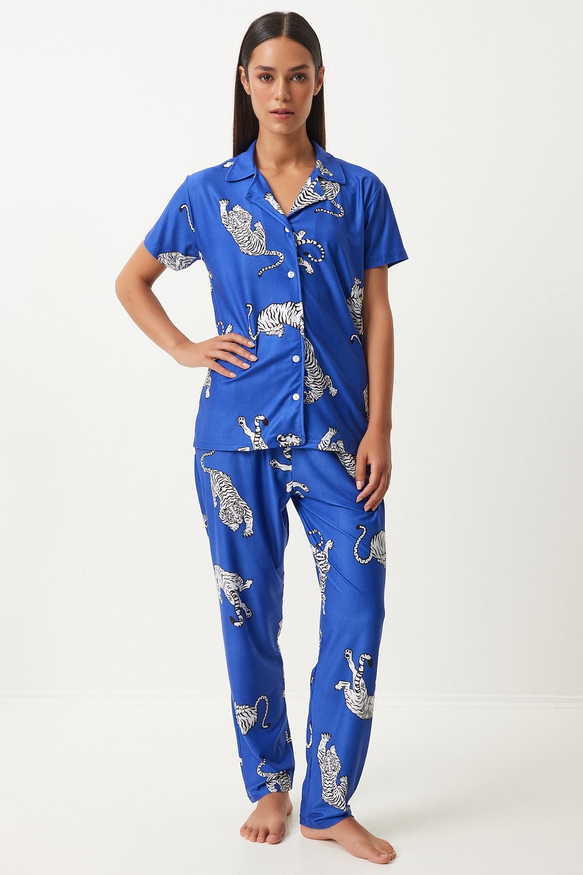 Woman Dark Blue Patterned Shirt Pants Knitting Pajama Set FP00006