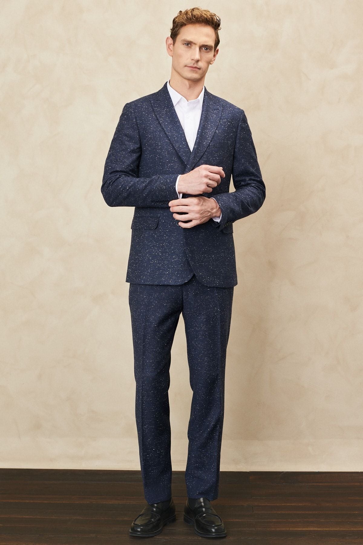 Men's navy blue slim fit narrow -cut swallow collar tweet patterned woolen cruve suit suits