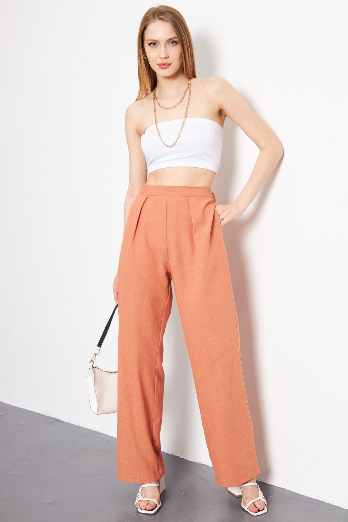 PALAZZO pants with female salmon linen-looking pocket ARM-24Y001070