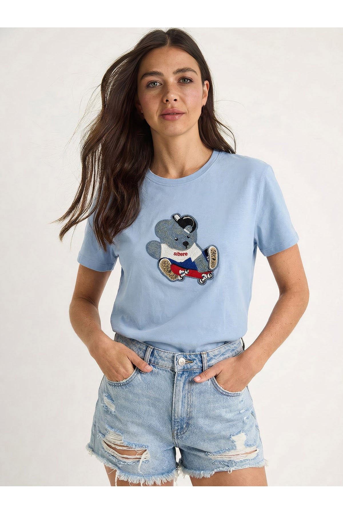 Women's Teddy Embroidered Crew Neck Basic T-Shirt 7533 60283952