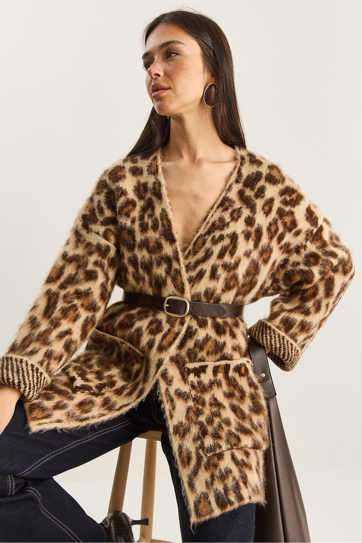 Women's Pocket Detailed Patterned Oversize Rose Gold Knitted Cardigan 20251101