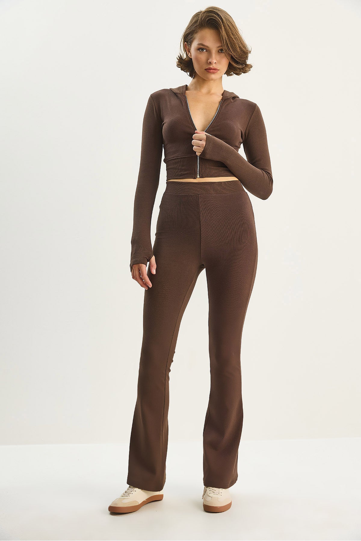 Women's Zippered Long Sleeve Crop Top Lightweight Flare Leg Tights 2180 60283622