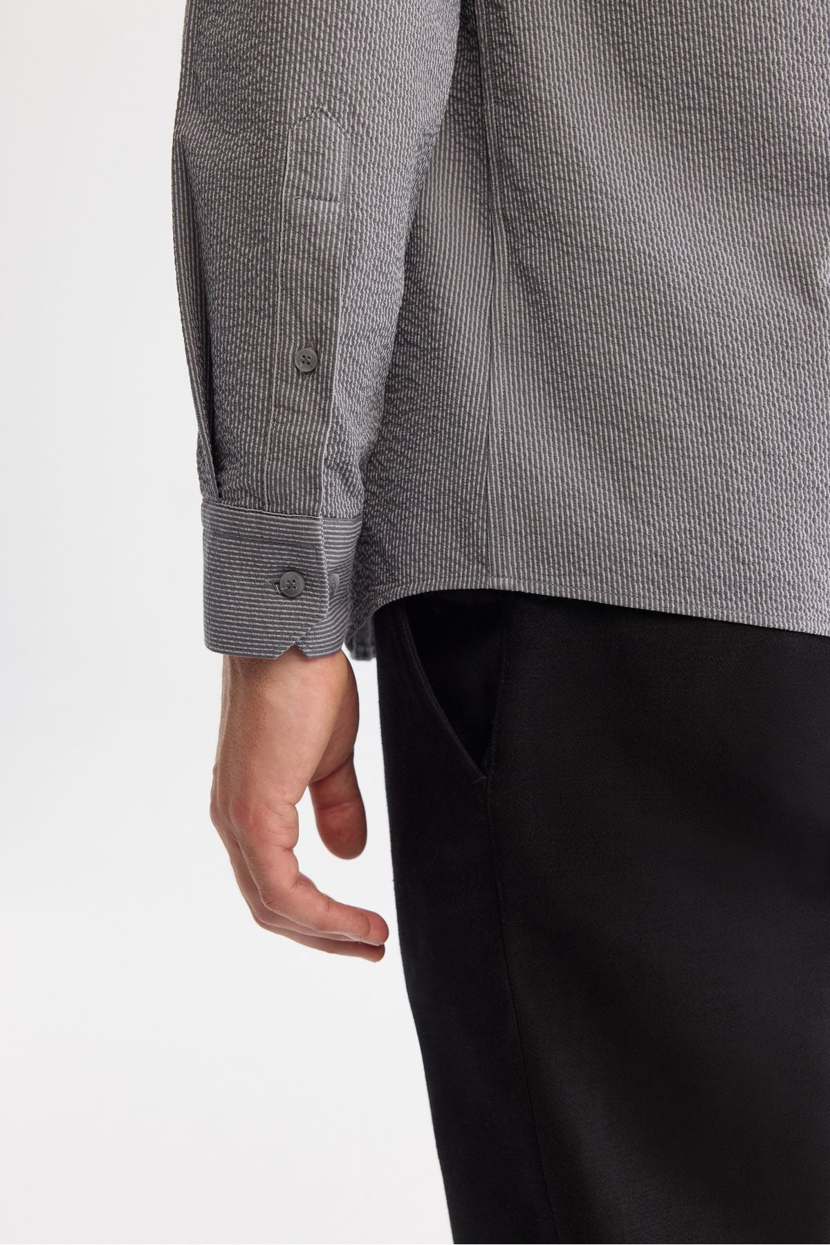 Men's gray button collar easily ironed striped shirt A42Y2098