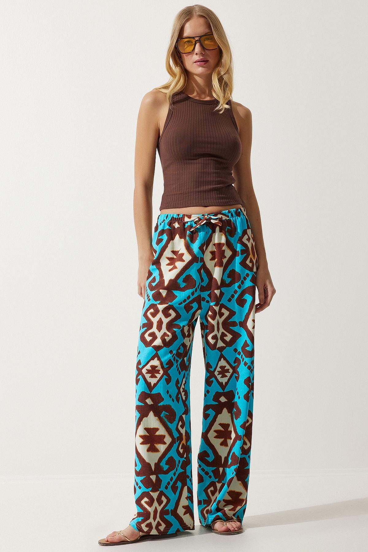 Female turquoise patterned raw linen palazzo pants BH00397