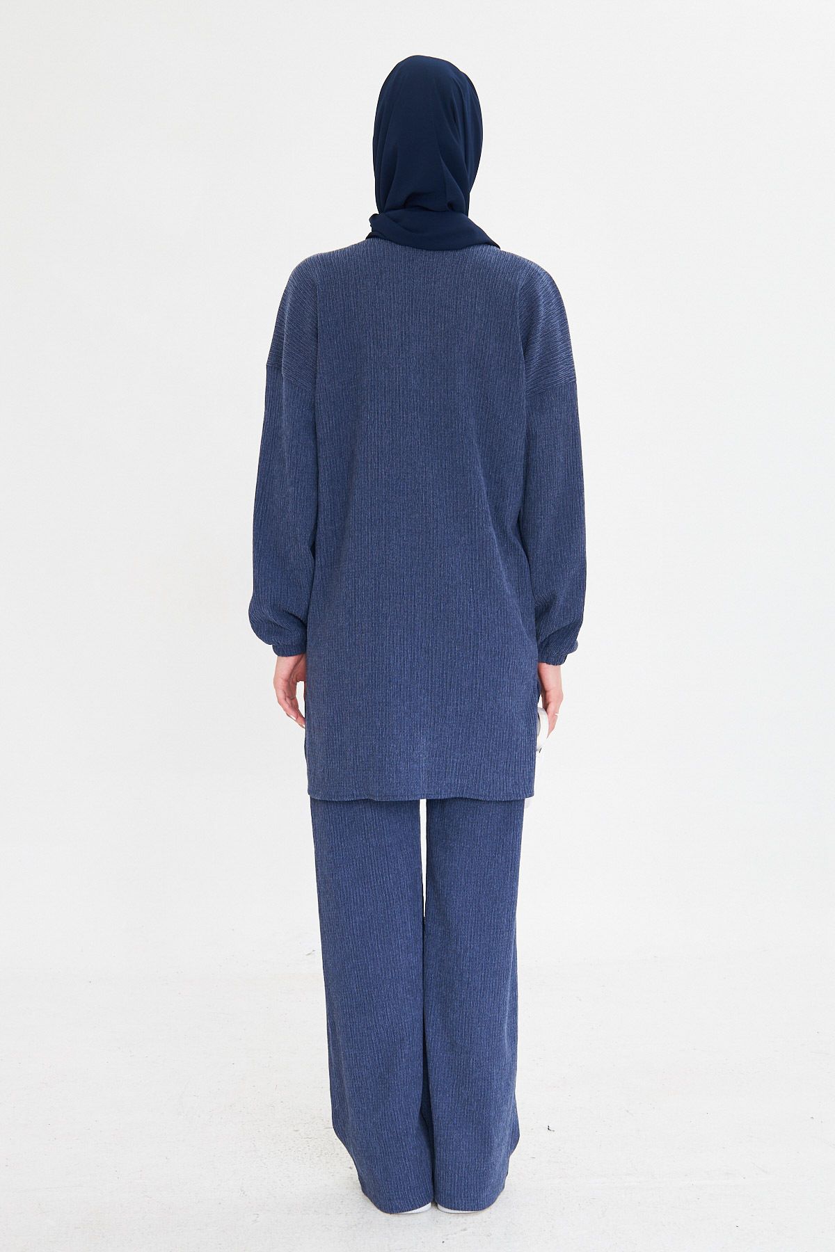 Woman Navy blue zero collar sleeve tire as well as slit pants hijab double set ARM-25K001109