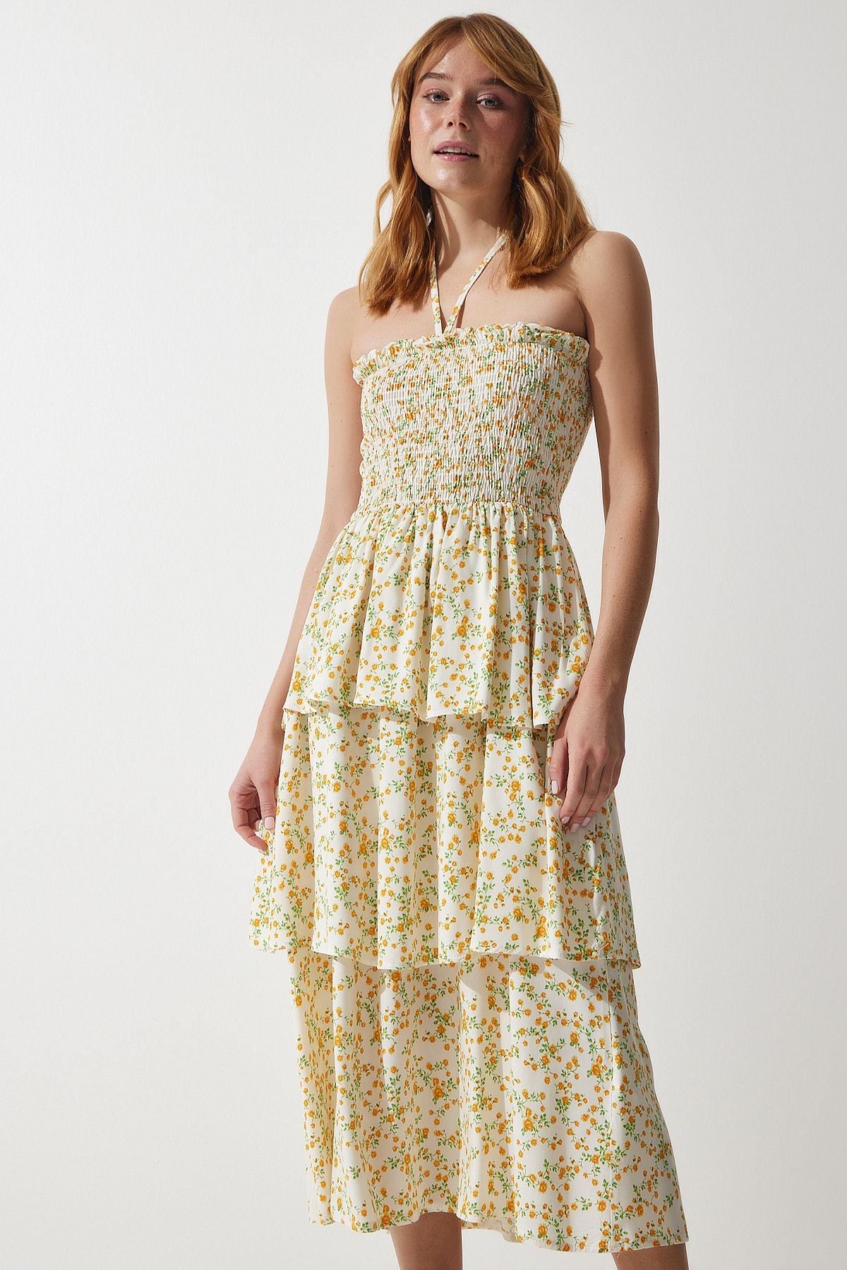 Female Ecru Yellow Flower Volan Summer Viscose Dress UB00226