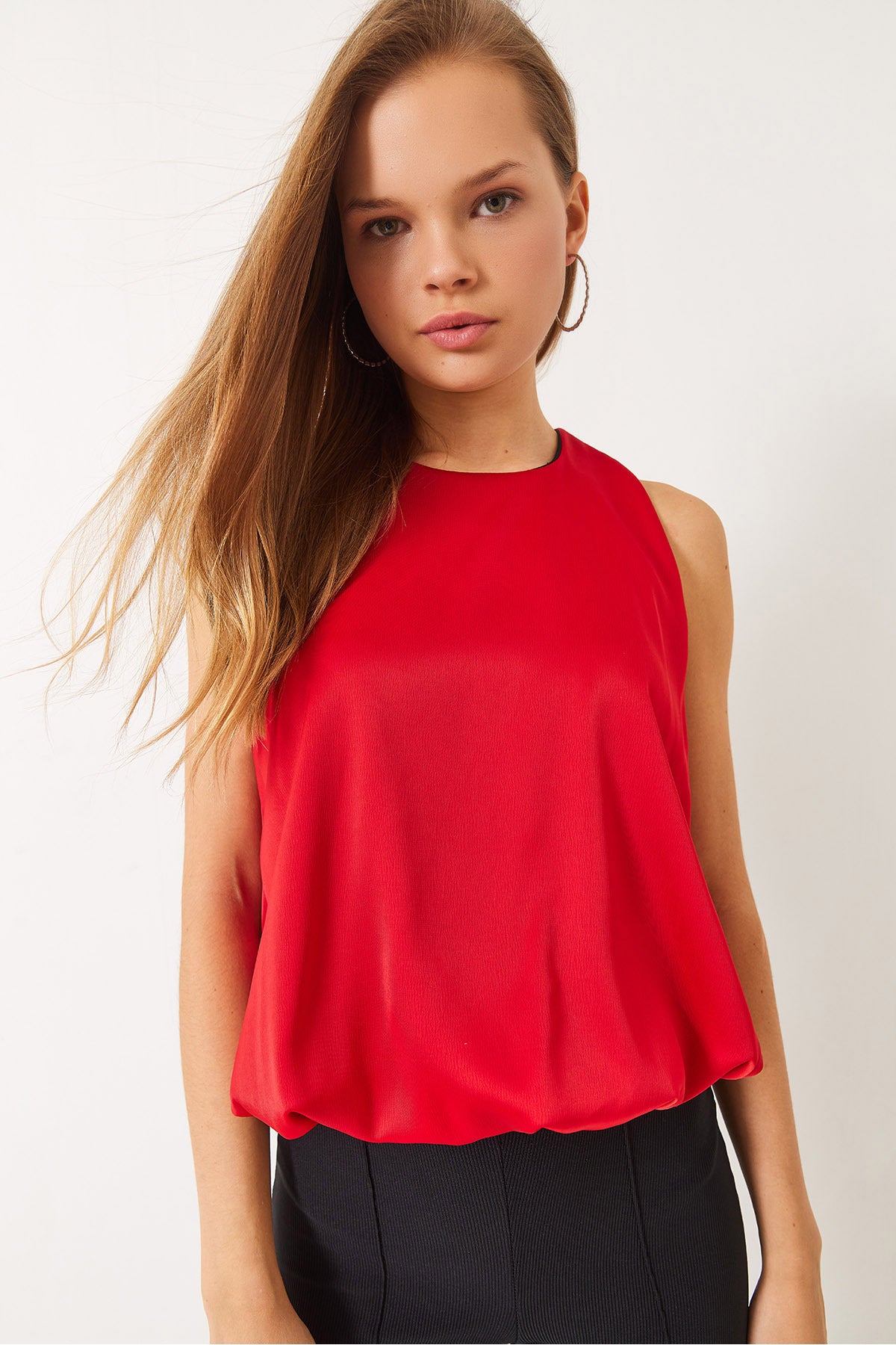 Women's Balloon Satin Blouse with Elastic Hem 60283004