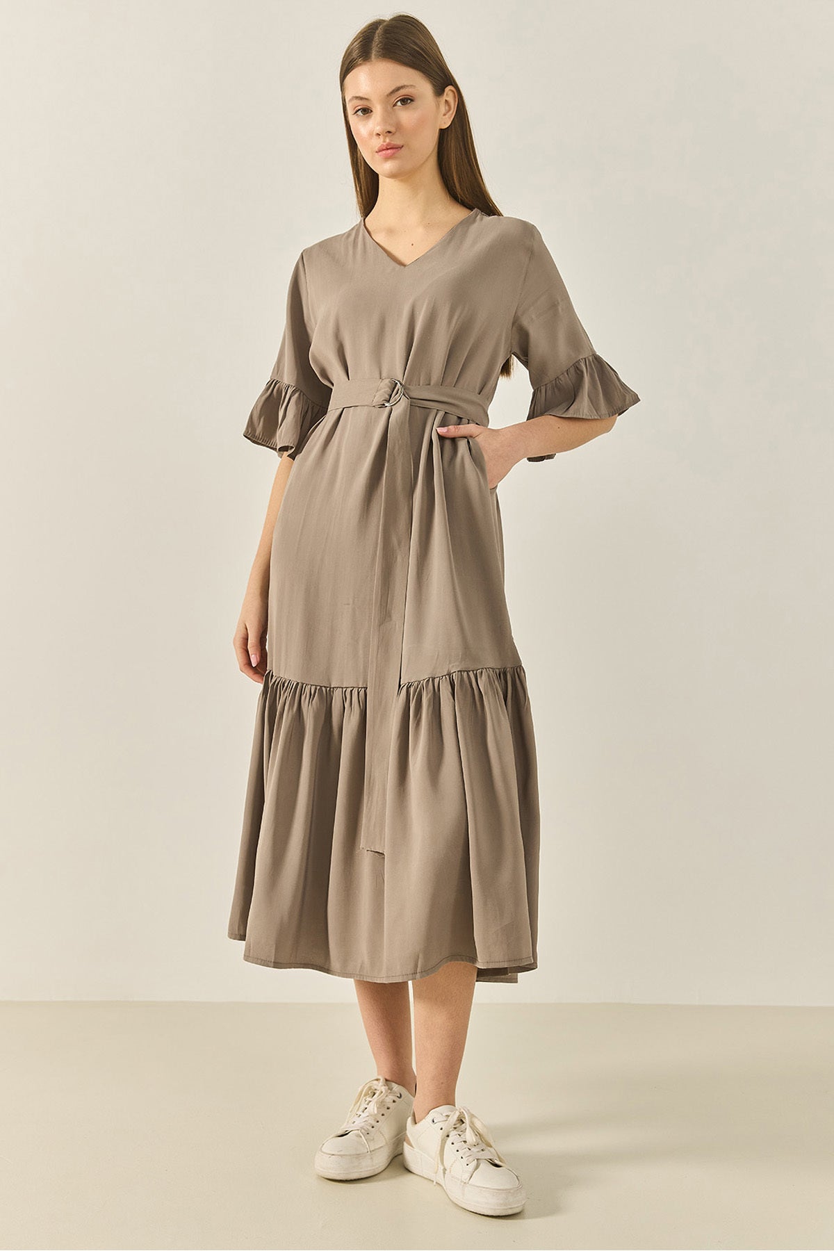 Women's V-Neck Pocket Belted Skirt Flounce Detailed Casual Dress 8406 60283256