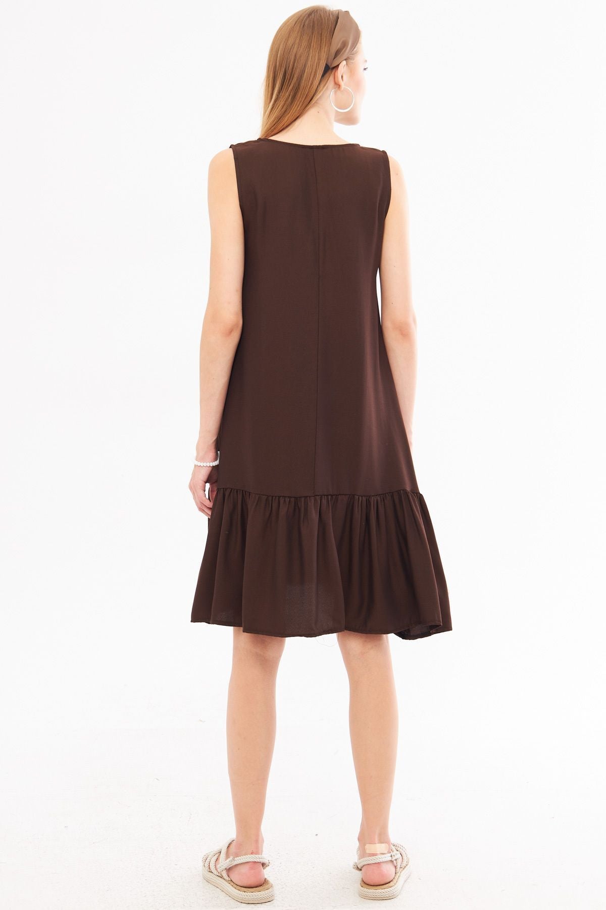 Woman Dark Coffee Sleeveless Skirt Ruffle Dress Arm-18y001156