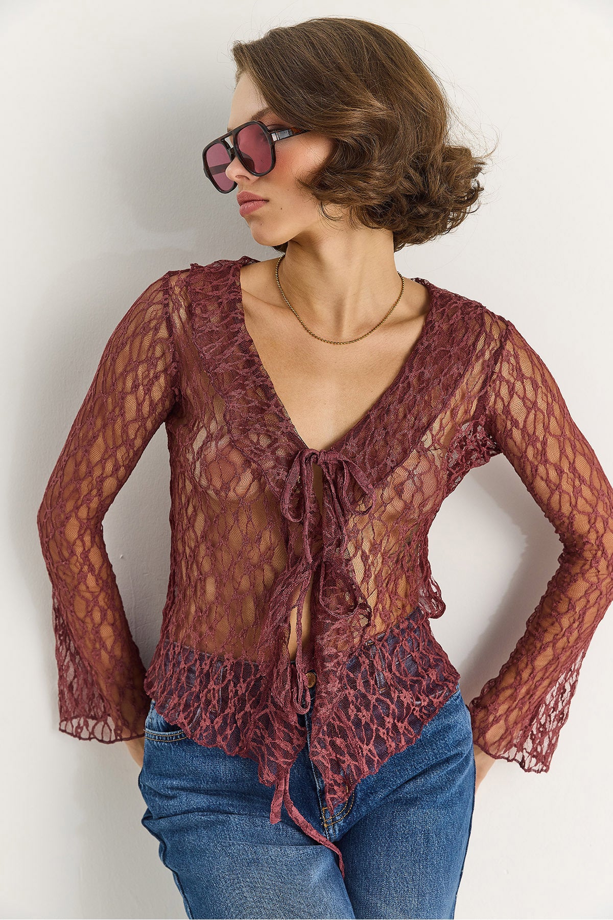 Women's V-Neck Front Tie Ruffle Detailed Lace Blouse DE251012 60283573