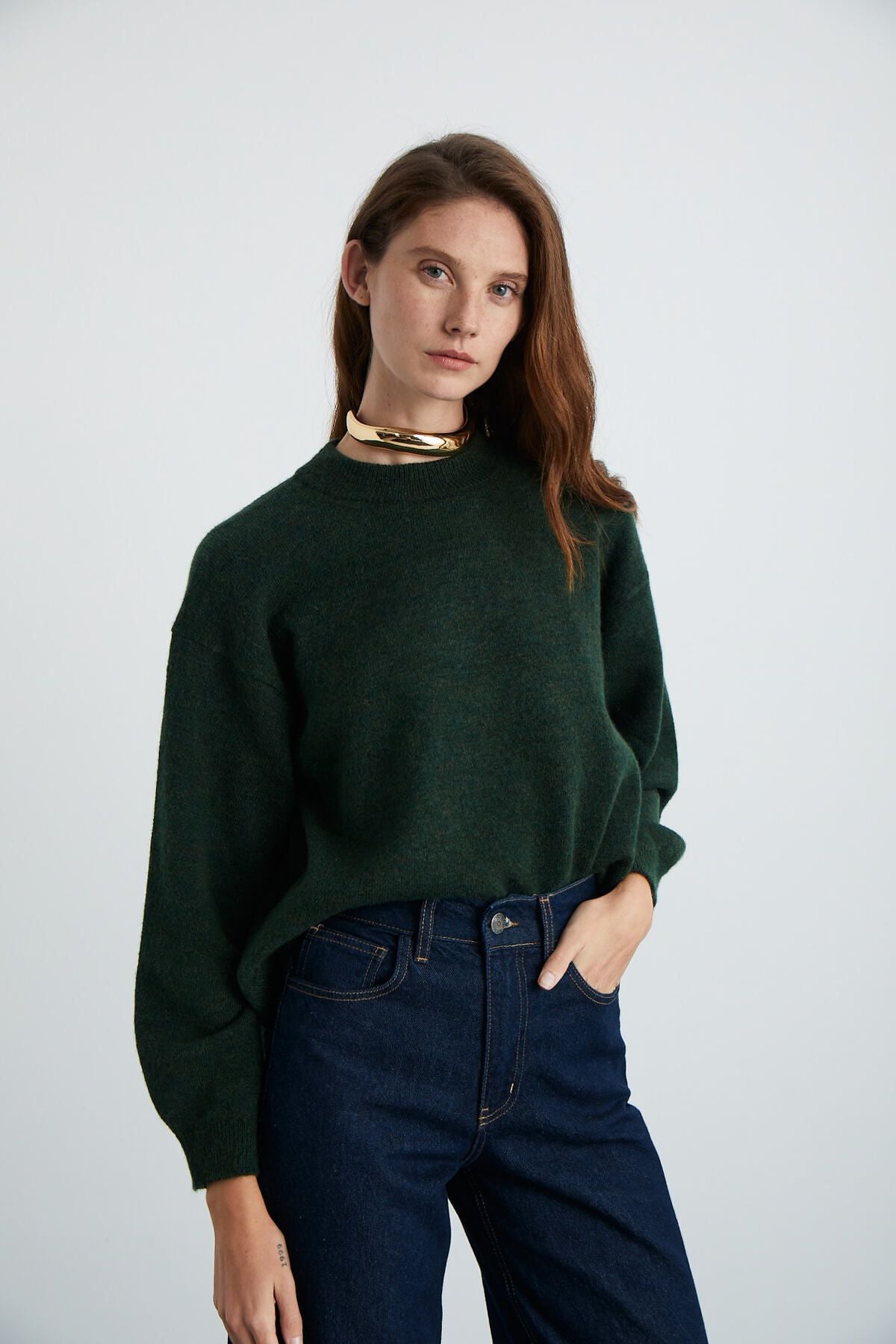 NANNA Female Acrylic-Poleryester Round Yaka Oversize knitwear dark green sweater