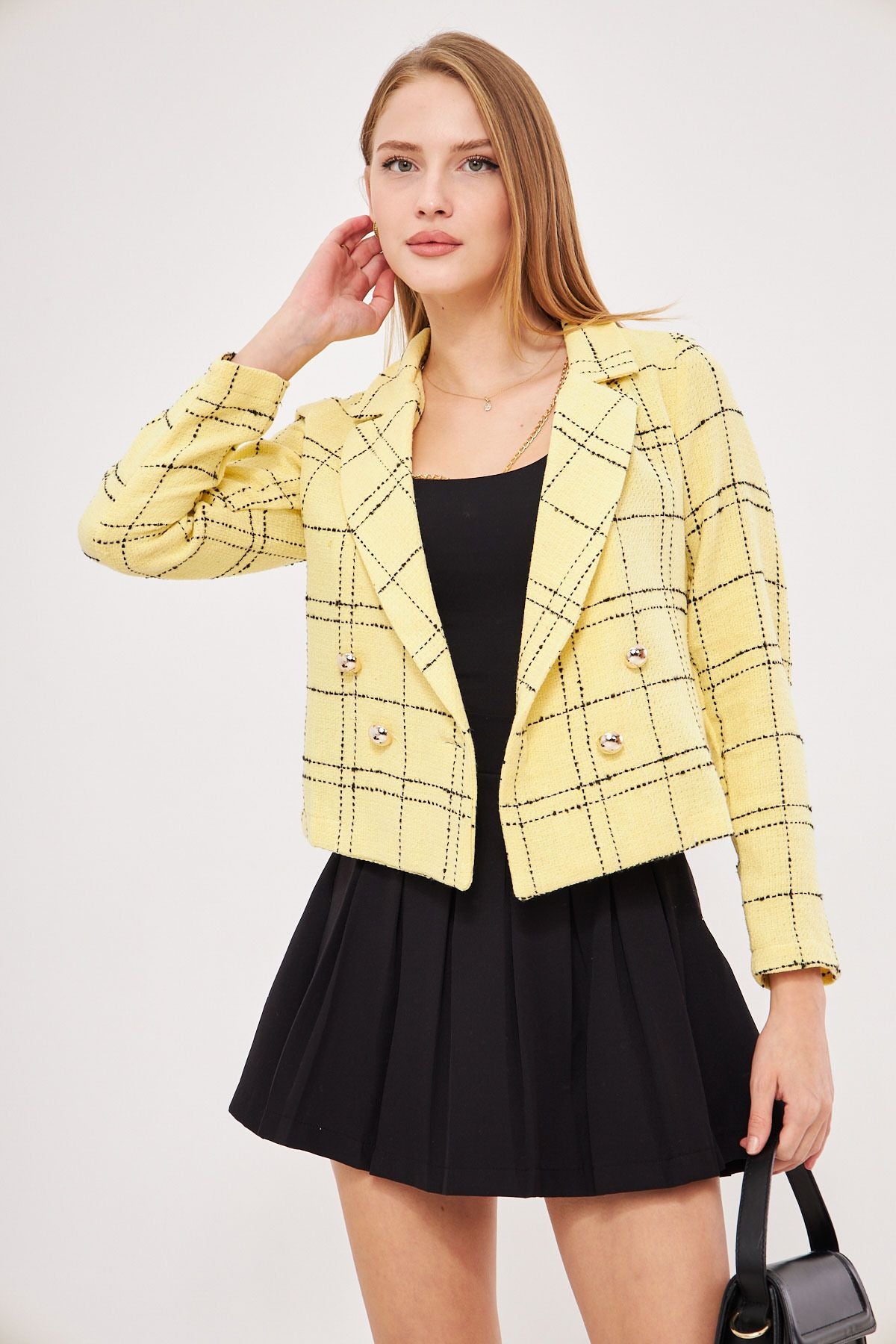 WOMEN Yellow-Black Cruve Yaka Tüvit Crop Jacket ARM-24K001014